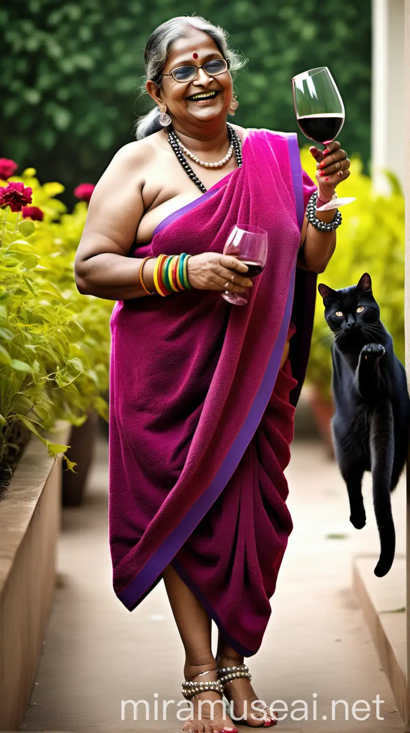 a indian mature  fat woman having big stomach age 49 years old attractive looks with make up on face ,binding her high volume hairs, wearing metal anklet on feet and high heels, drinking wine, holding a wine glass  . she is happy and smiling. she is wearing pearl neck lace in her neck , earrings in ears, a power spectacles on her eyes and wearing   a  colorful bath towel body. she is walking in a luxurious colorful  flower garden ,  three black cats are walking with her.
