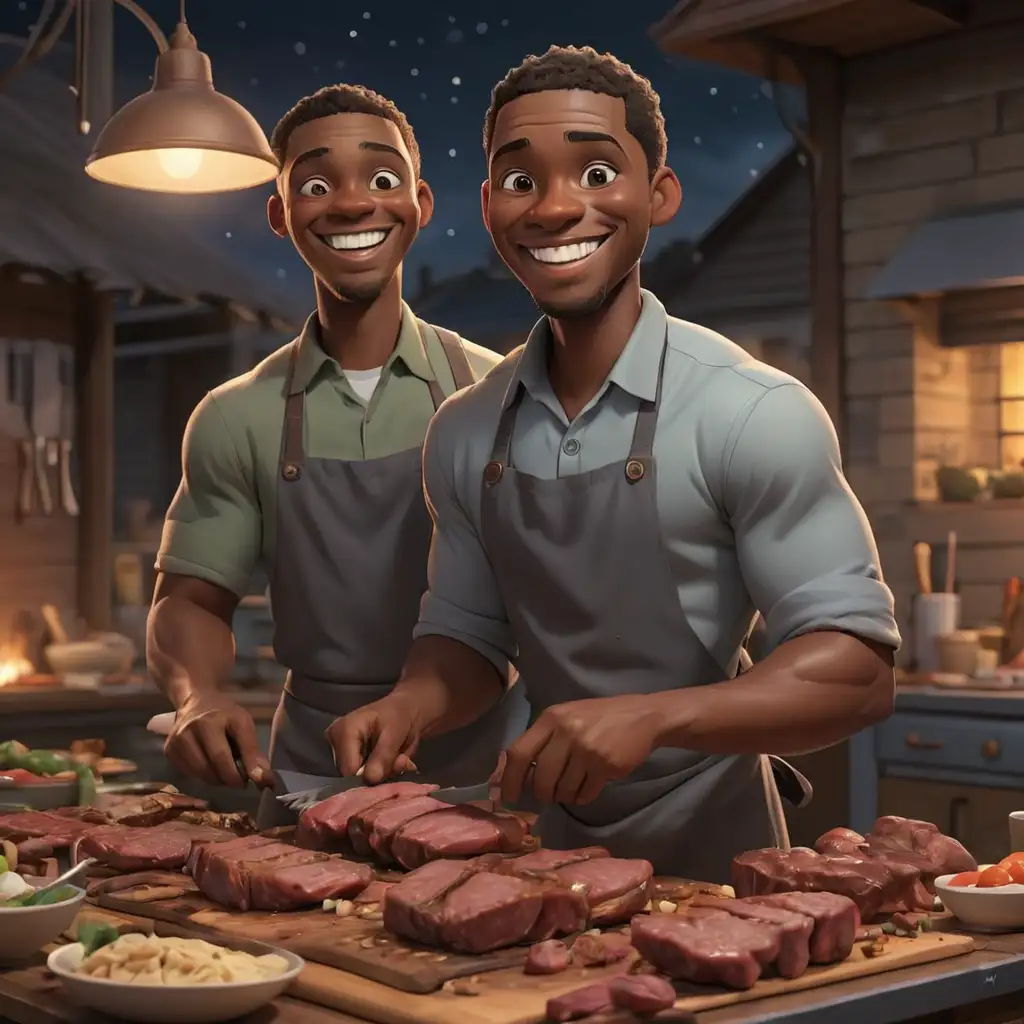 defined 3D Cartoon-style African American men preparing meat at  night
smiling