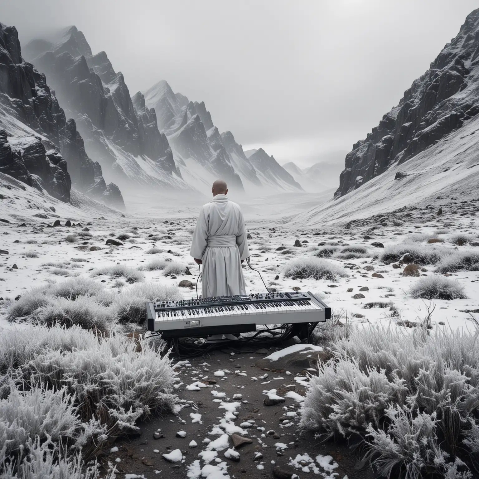 a zen monk dressed in white in a grey desolate landscape pushing a huge synthesiser up a mountain