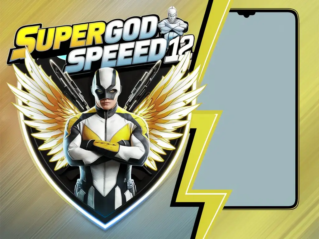 Imagine a wallpaper with the text 'SuperGodSpeed12' centrally located, decorated in shades of yellow, gold, light neon blue, and white. A figure in a SuperGodSpeed suit stands out with a sleek mask, the suit's colors being bright white and yellow. This character has large, radiant wings and a suit equipped with hidden weapons. The logo, a cool, neon-lit emblem, depicts the figure with arms crossed beside the text 'SuperGodSpeed12.' On the wallpaper's right side, there is a sizable vertical rectangle that is app-free. Surrounding the design is a frame shaped like a lightning bolt, blending yellow with light blue, providing a space to arrange desired apps.
