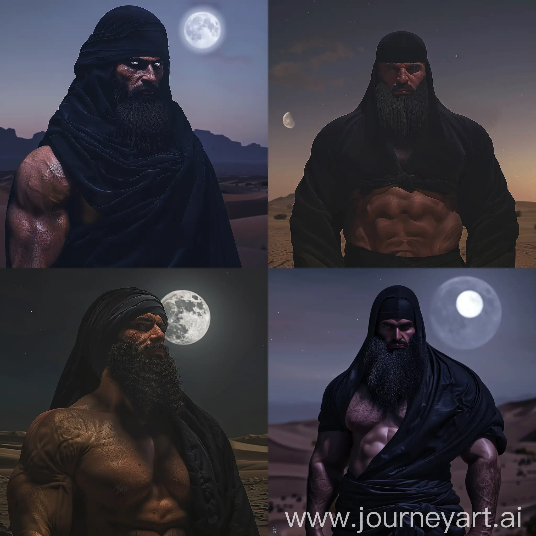 Bearded-Man-in-Black-Kufi-Against-Desert-Night-Sky-with-Shining-Moon-Realistic-8K-Portrait
