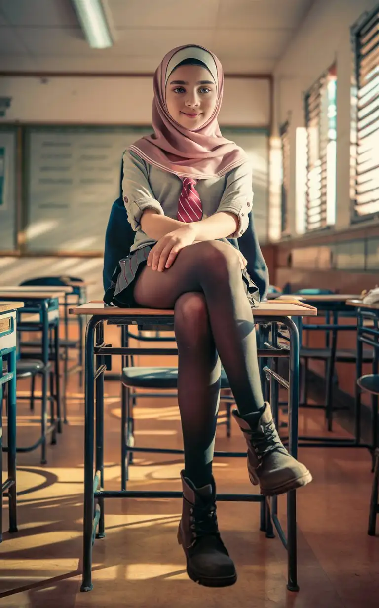 A syrian beautiful girl.  14 years old. She wears a hijab, skinny shirt, so mini school skirt, black opaque tights, small winter boots,
She is beautiful. She crossed legs on the desk.
Bird's eye view, in classroom, elegant sits, petite