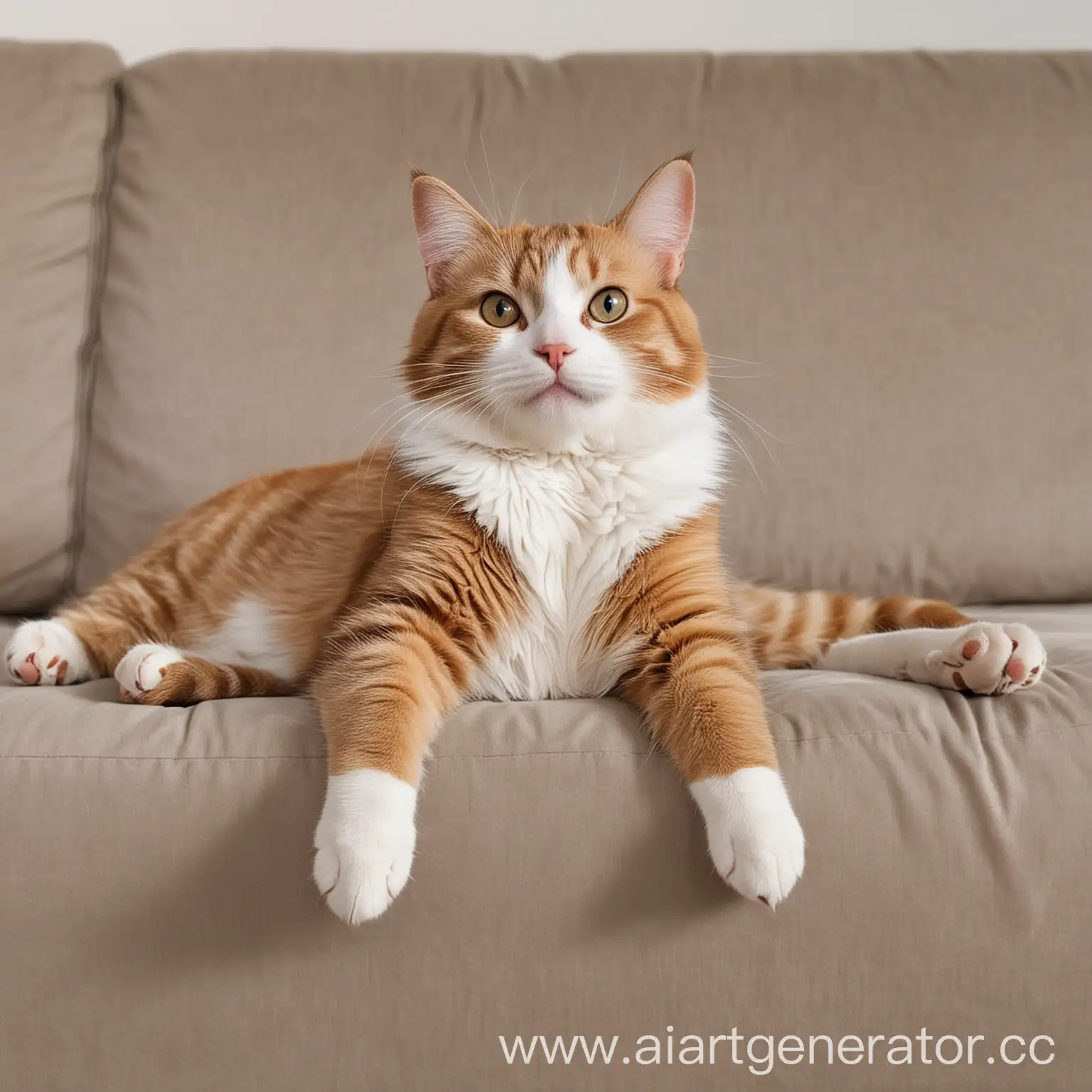 довольный кот, который лежит на диване свесив лапы, диван светлый, фон за котом светлый, 
