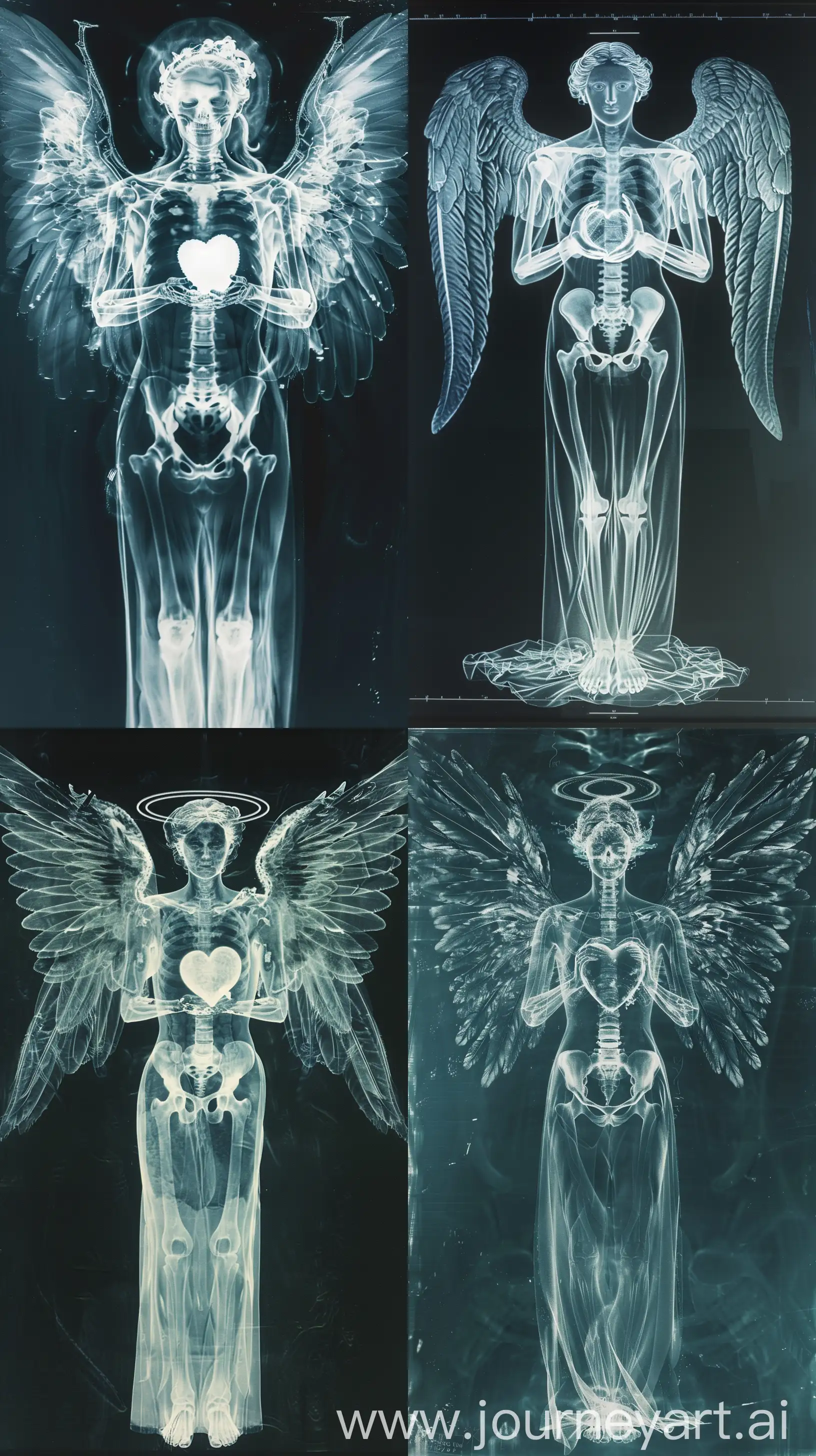 an X-RAY image of an angel with wings holding a heart facing forwards towards the camera, realistic painting, --ar 9:16