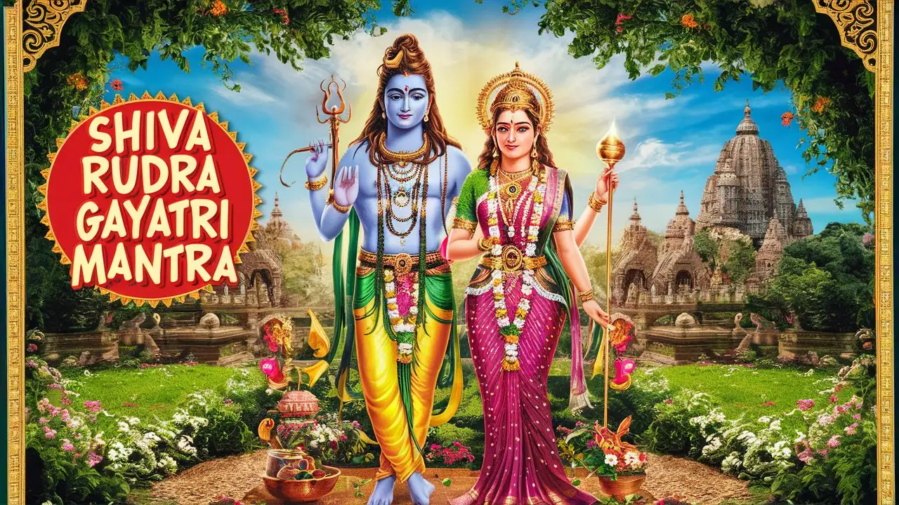 Make a Bollywood type movie poster with a picture of Lord Shiva And Lord Gayatri Devi inside it, a beautiful garden and a temple  Poster title : " Shiva Rudra Gayatri Mantra "
