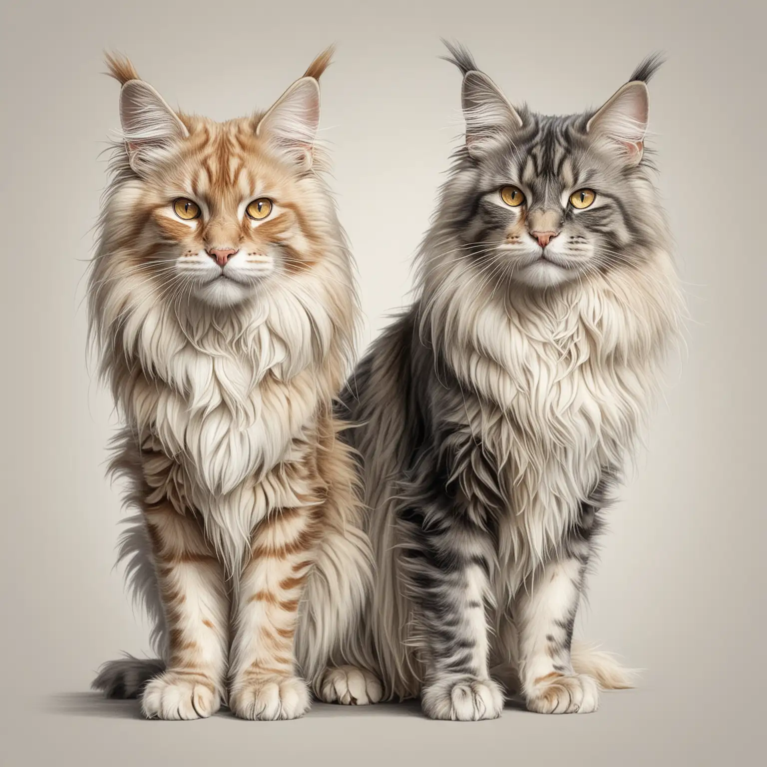 реалистичный  рисунок в стиле карандашной графики на белом фоне детализированные два больших кота один светлого другой темного окраса породы мейн-кун гладкошерстных играют
