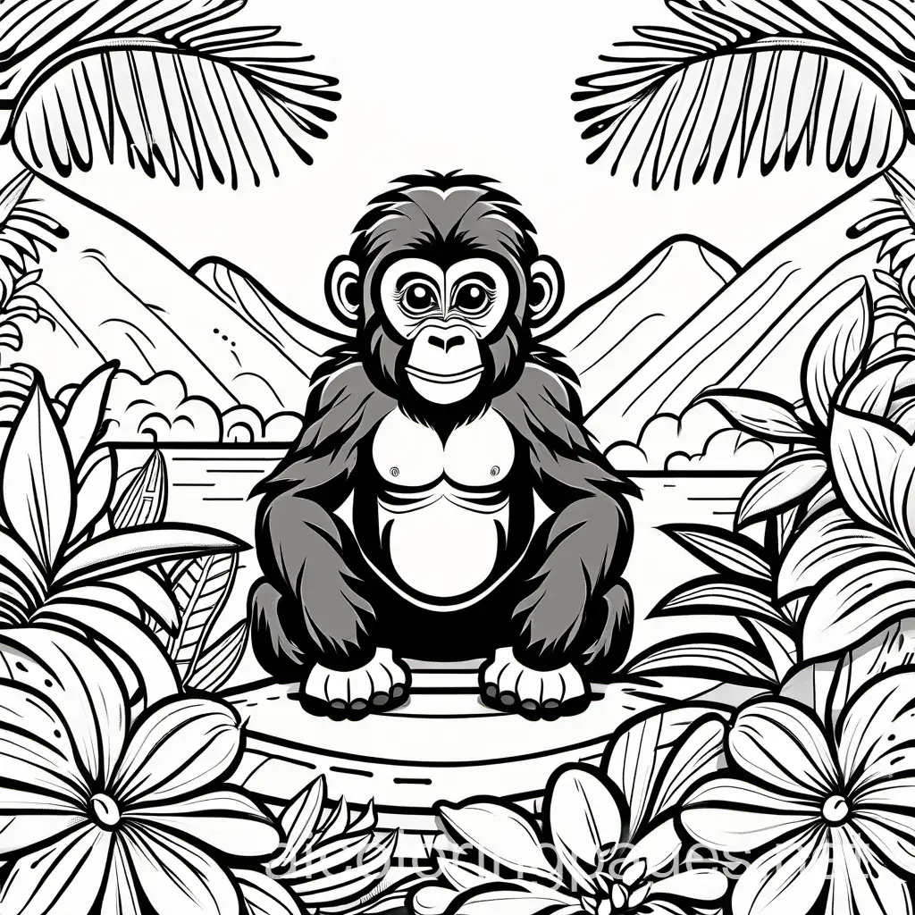 A curious baby gorilla with a playful expression, surrounded by tropical flowers, coloring book illustration, black and white, Coloring Page, black and white, line art, white background, Simplicity, Ample White Space. The background of the coloring page is plain white to make it easy for young children to color within the lines. The outlines of all the subjects are easy to distinguish, making it simple for kids to color without too much difficulty