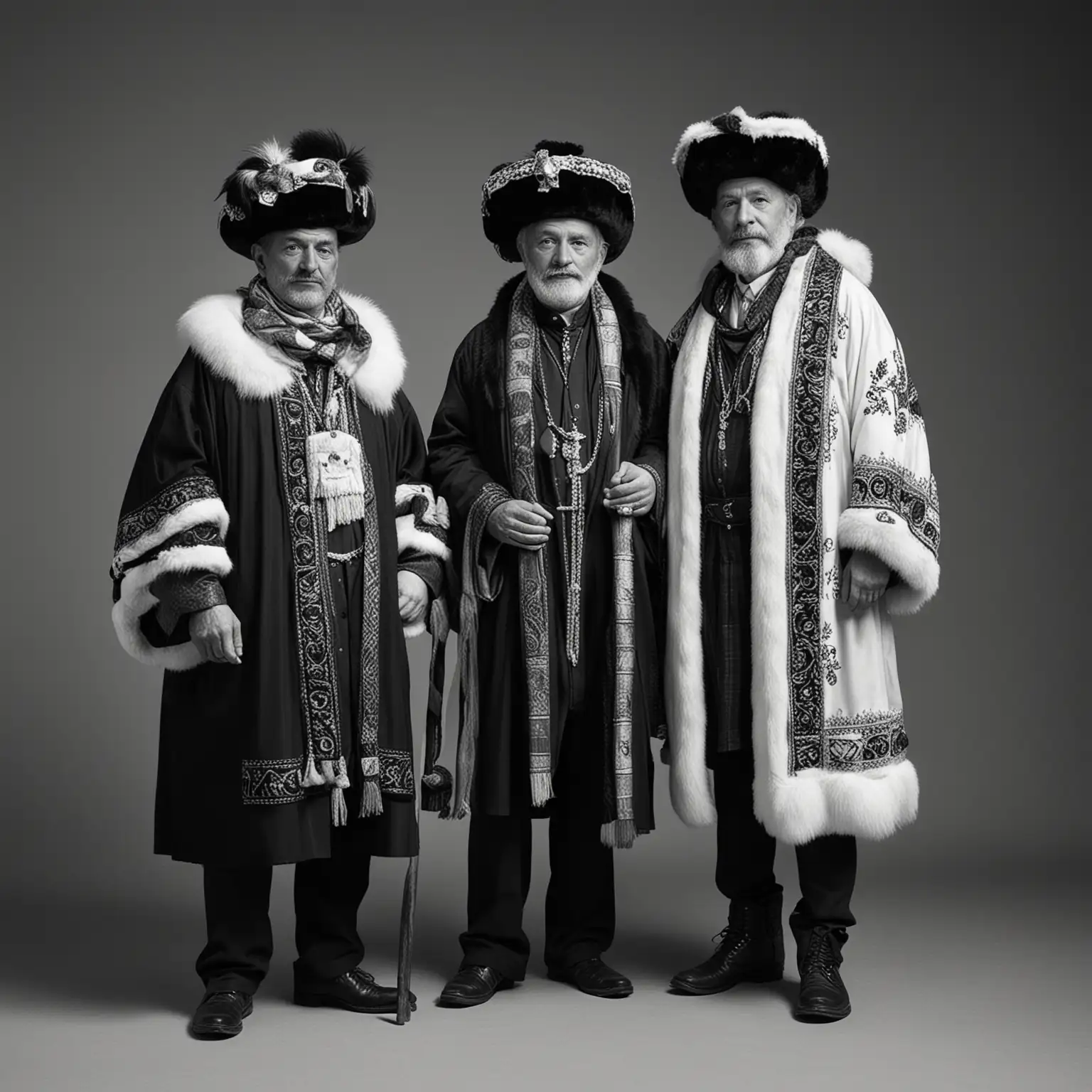 Black and white; two men; square built fifty-year-old man in ceremonial Christian robes and scarves; he wears a fur hat and has a fur collar. The second man is a shorter, fatter man reminiscent of Cervantes’ Sancho Panza