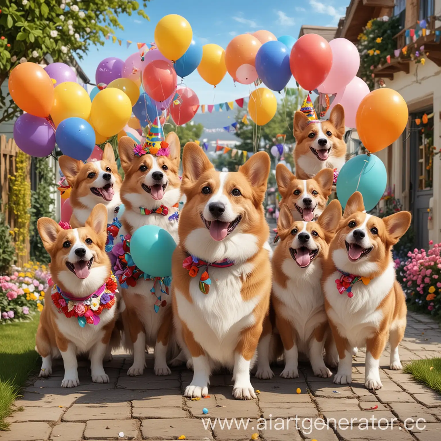 Мультяшная картинка, Друзья поздравляют маму своего друго с днём рождения,
Вокруг цветы, цветные воздушные шарики Все улыбаются, вокруг бегают собаки породы корги в праздничных костюмах