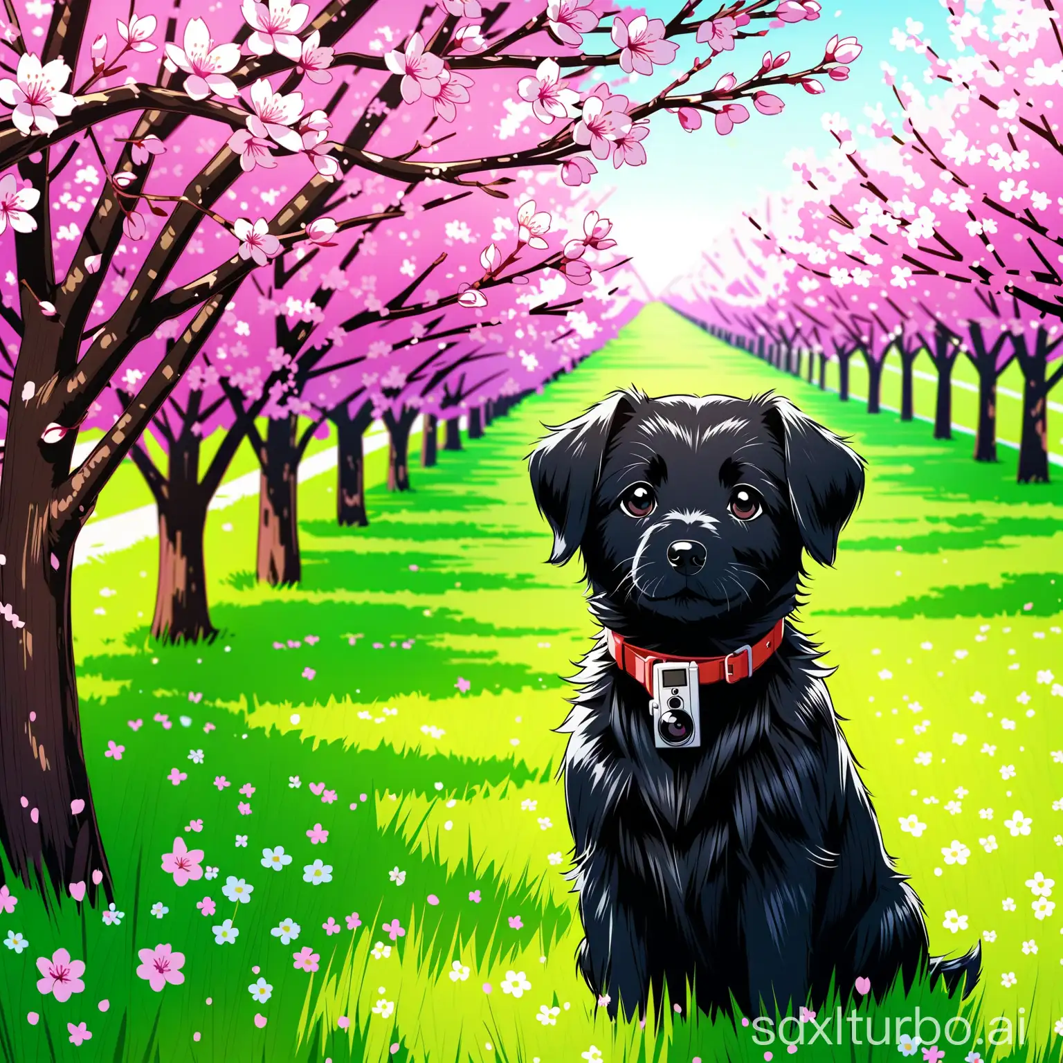 Playful-Little-Black-Dog-in-a-Spring-Orchard-with-Fruit-Trees