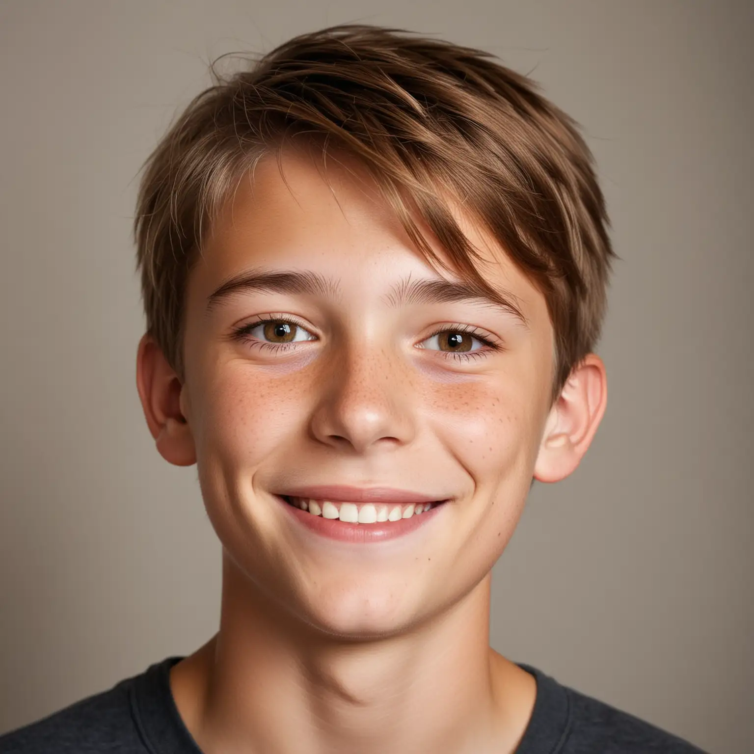  photo of twelve year old boy, smiling, soft shining straight medium length  light brown hair cut, profile view, soft light overhead, grey eyes, freckles