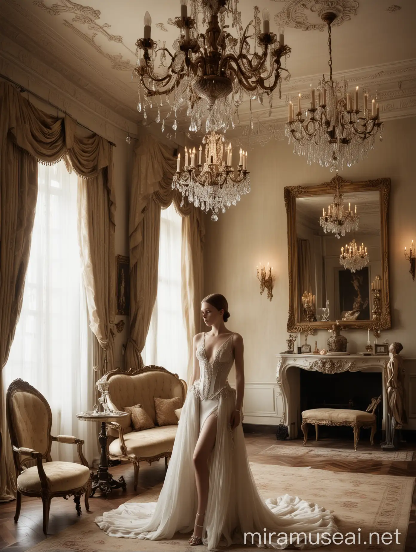 Elegant Androgynous Woman in Alexander McQueen Dress with Chandelier