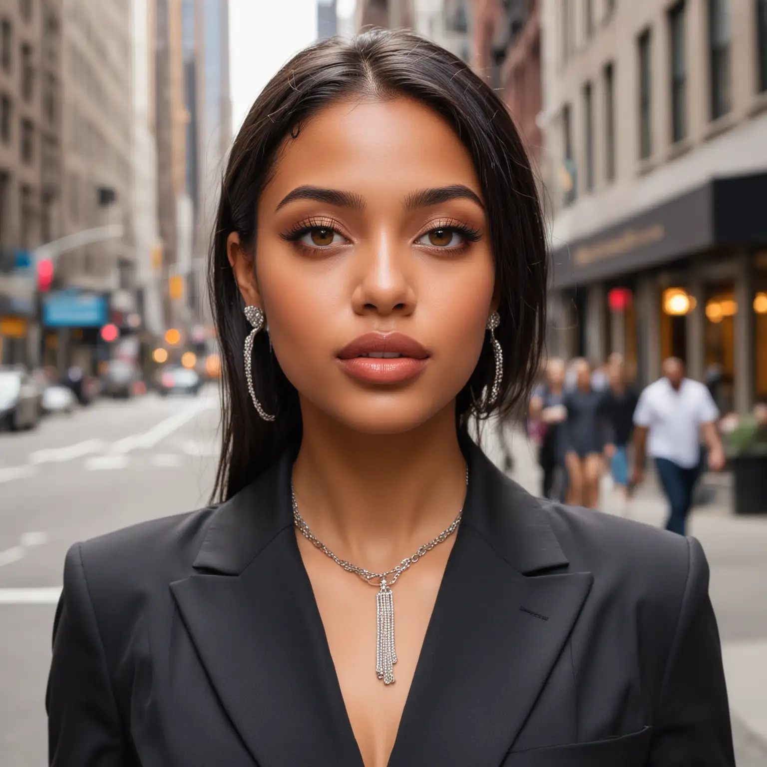 young brown skinned woman with straight black hair, exotic features, light brown eyes, instagram model type, wearing business attire, glossy full lips, full face of make up, wearing silver jewelry, walking in new york city 
