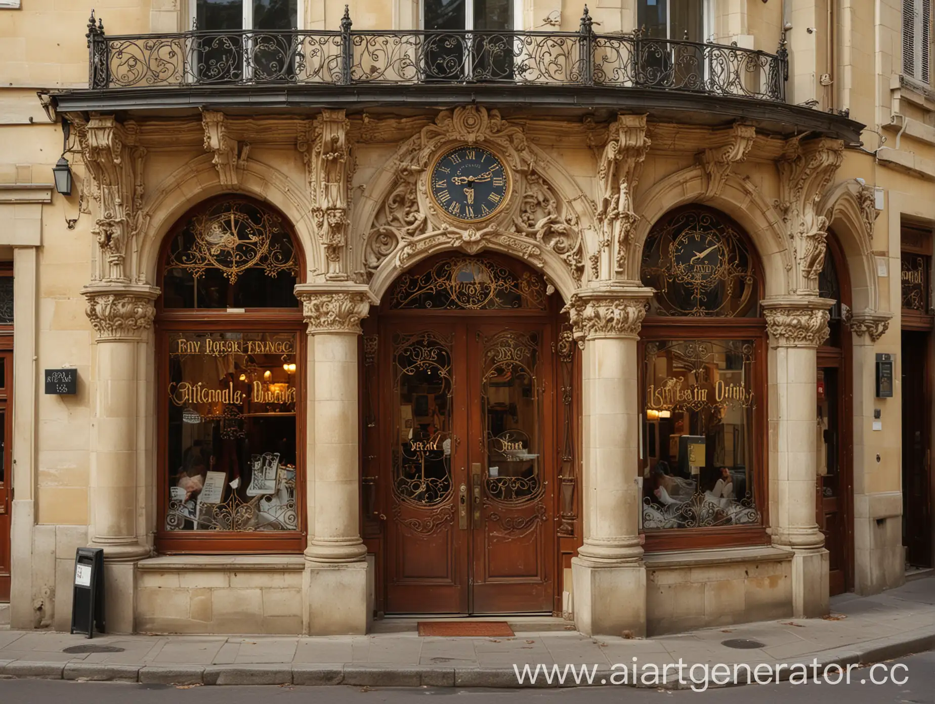 the facade of the cafe is run by vampires and succubi, but it pretends to be ordinary so as not to attract much attention. The cafe is open at night and a pleasant golden light comes from it. Above the entrance there is a sign with the name and a large clock. The building's style is Gothic. Time and place: France 20th century. The door is looking at us.