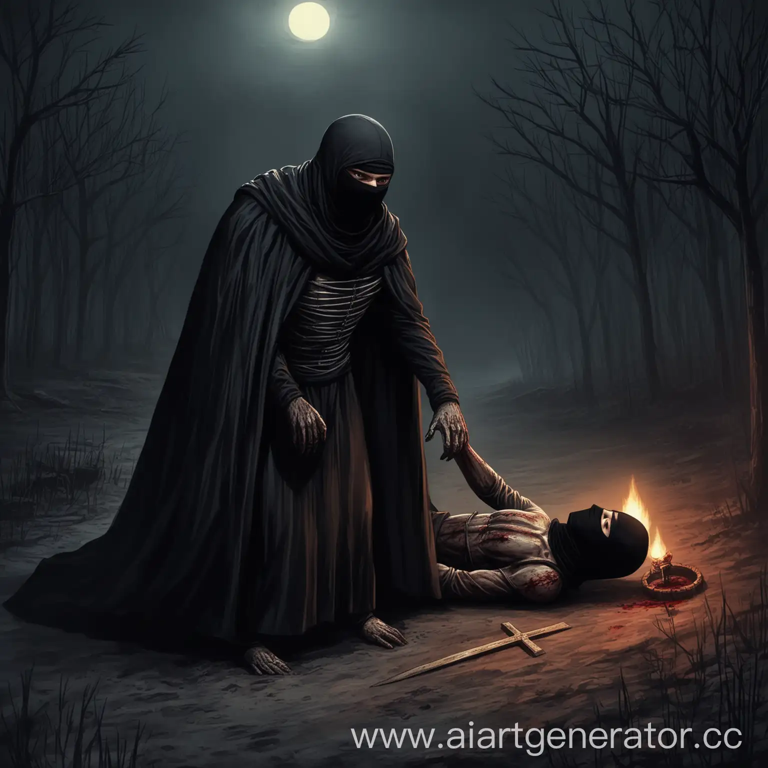 сталкер Кхорнит одетый в черный плащ и балаклаве,  приносит в жертву человека темной ночью 