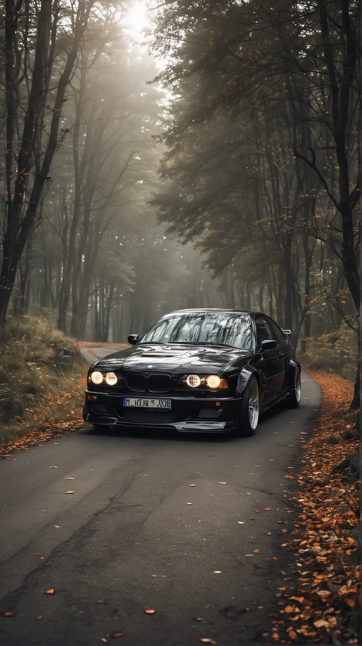  BMW M3 CSL (Coupe Sport Leichtbau) - чёрный цвет с включенными фарами, с тюнингом на заднем плане красивая природа