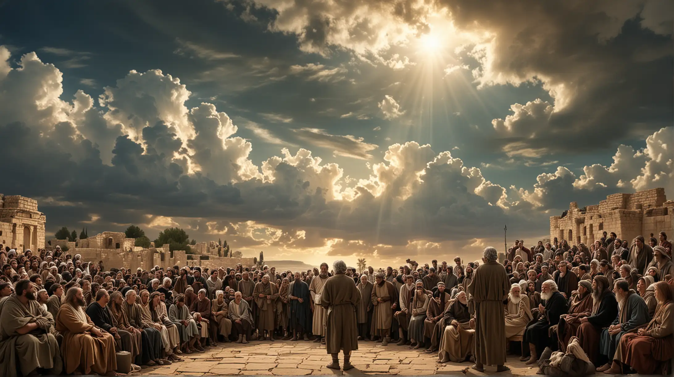 a crowd of people listening to an old man. In the background, a magnificent sky.  Set during the Biblical era of King David.