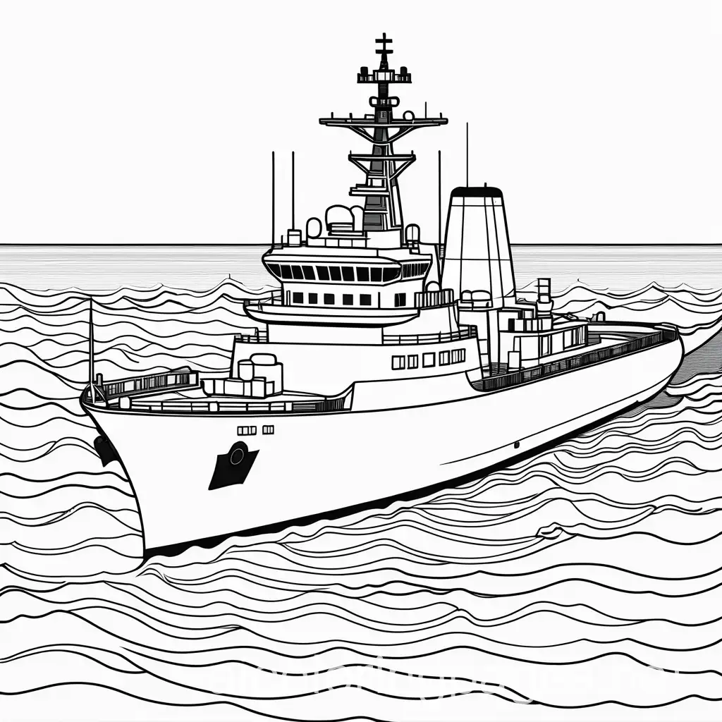 navy ship, Coloring Page, black and white, line art, white background, Simplicity, Ample White Space. The background of the coloring page is plain white to make it easy for young children to color within the lines. The outlines of all the subjects are easy to distinguish, making it simple for kids to color without too much difficulty
