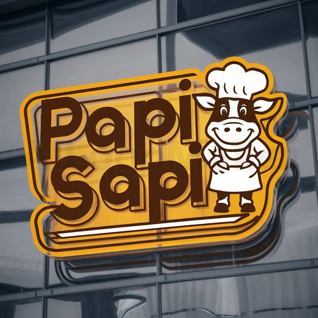 a logo design,with the text "Papi Sapi", main symbol:chef cow, yellow background, dark brown, friendly, innovative traditional modern,Moderate,be used in Restaurant industry,clear background