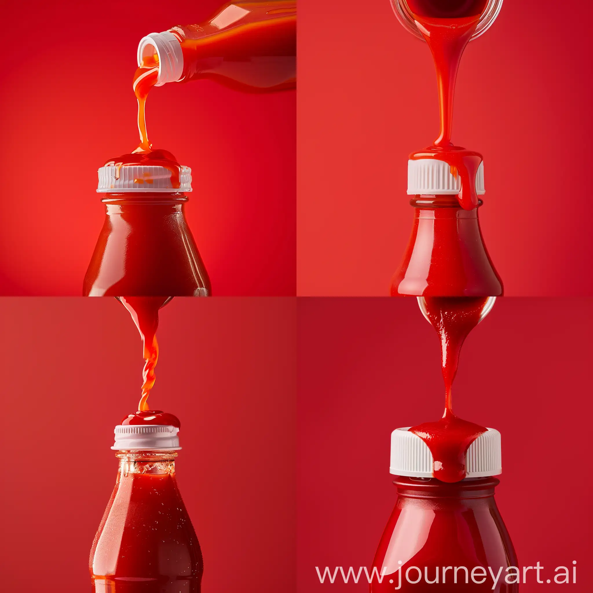 Tomato ketchup is squeezed from a red bottle with white lid. Stock footage. Close up of pouring tomato sauce from the bottle isolated on red background.