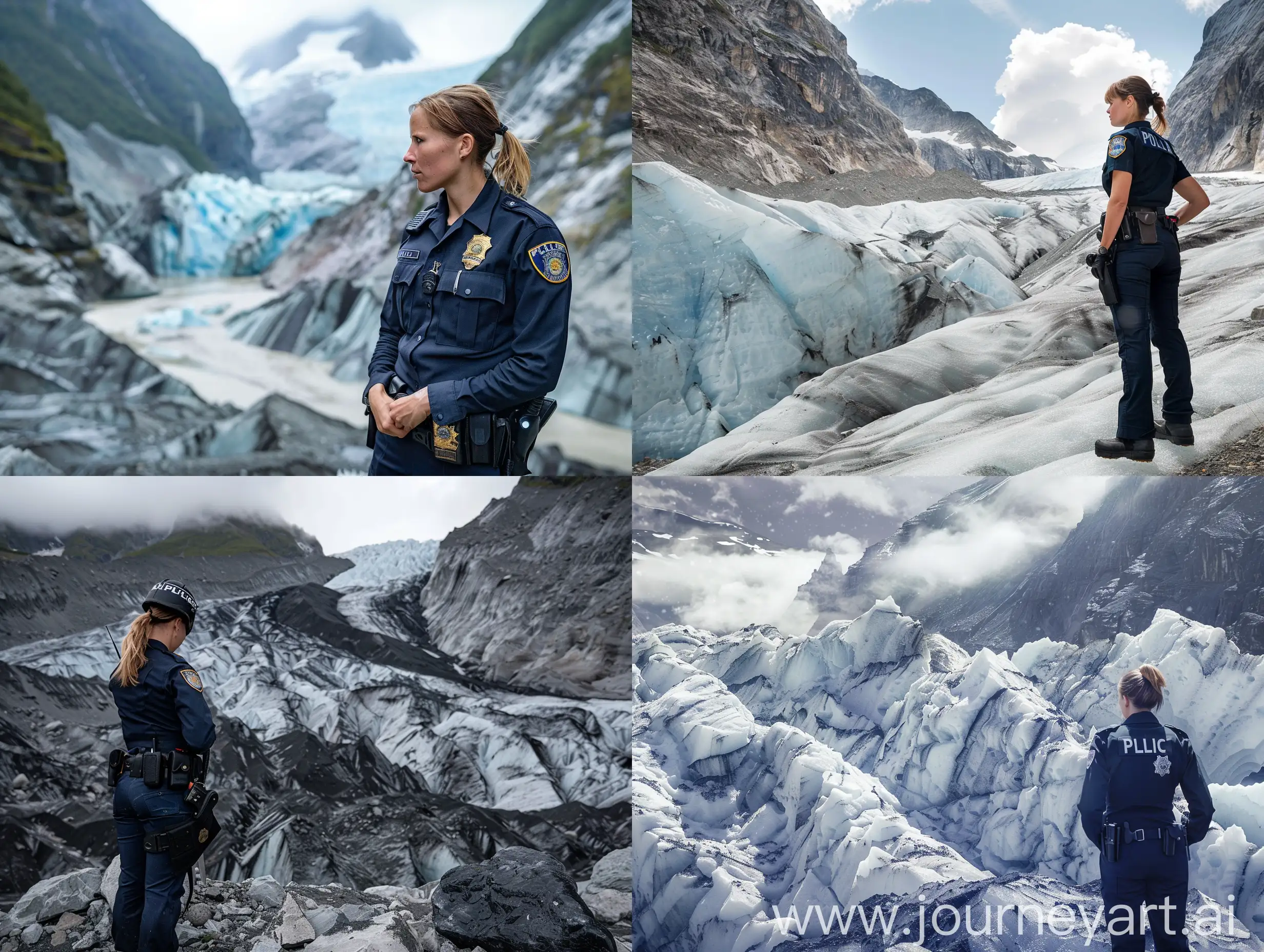 Женщина полицейский обследует сход ледника в горах