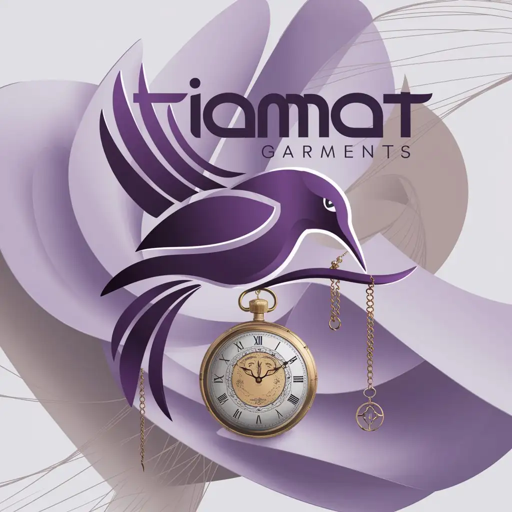 LOGO-Design-for-Tiamat-Garments-Elegant-Purple-Bird-with-Gold-Pocket-Watch