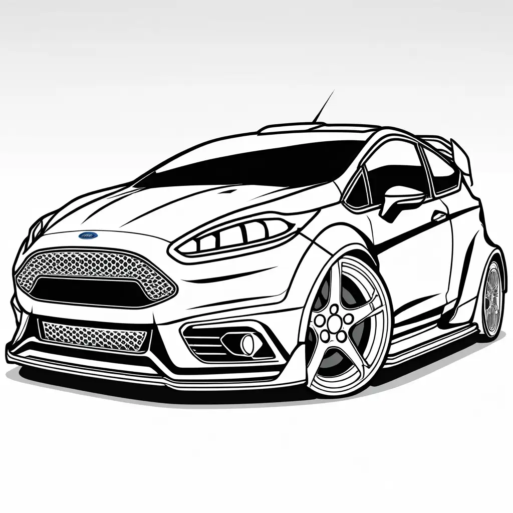 futuristic 2050 FORD FIESTA ST, modified-looking robotics from another dimension tuned up and ready for racing , racing background ,coloring page , Coloring Page, black and white, line art, white background, Simplicity, Ample White Space. The background of the coloring page is plain white to make it easy for young children to color within the lines. The outlines of all the subjects are easy to distinguish, making it simple for kids to color without too much difficulty