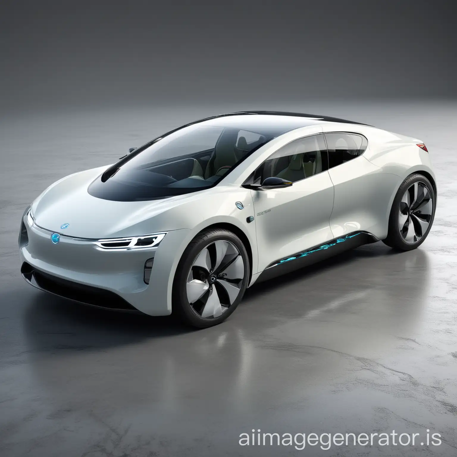 Generate an image of an eco-friendly electric car with a sleek, futuristic design, emphasizing advanced technology and innovation. The car should have a clean and aerodynamic shape, with subtle branding that suggests cutting-edge engineering. Focus on highlighting the vehicle's electric powertrain and environmental benefits.