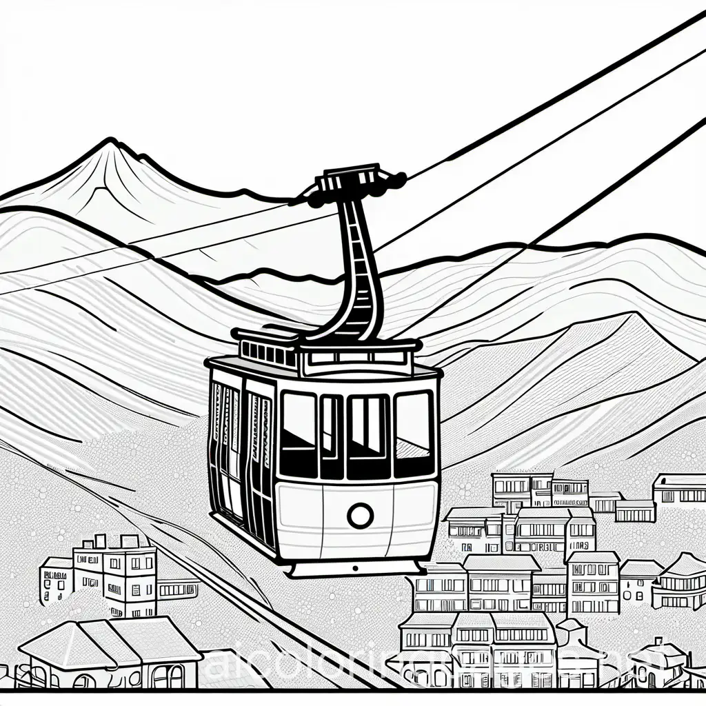 Cable car
, Coloring Page, black and white, line art, white background, Simplicity, Ample White Space. The background of the coloring page is plain white to make it easy for young children to color within the lines. The outlines of all the subjects are easy to distinguish, making it simple for kids to color without too much difficulty