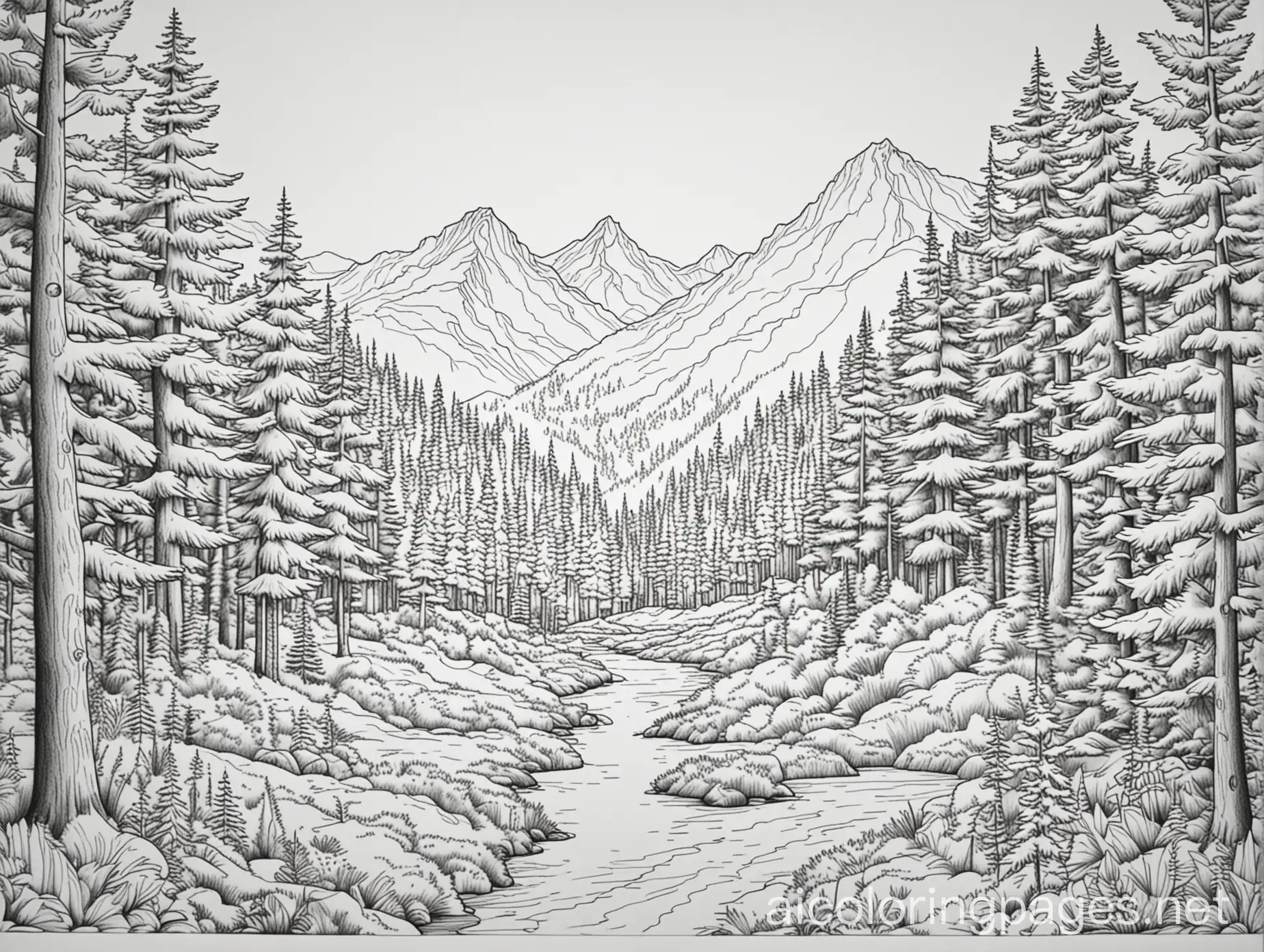 Coloring board with a Forest with some mountain in the back ground. 1080x720 dimension. Well detailed, Coloring Page, black and white, line art, white background, Simplicity, Ample White Space. The background of the coloring page is plain white to make it easy for young children to color within the lines. The outlines of all the subjects are easy to distinguish, making it simple for kids to color without too much difficulty