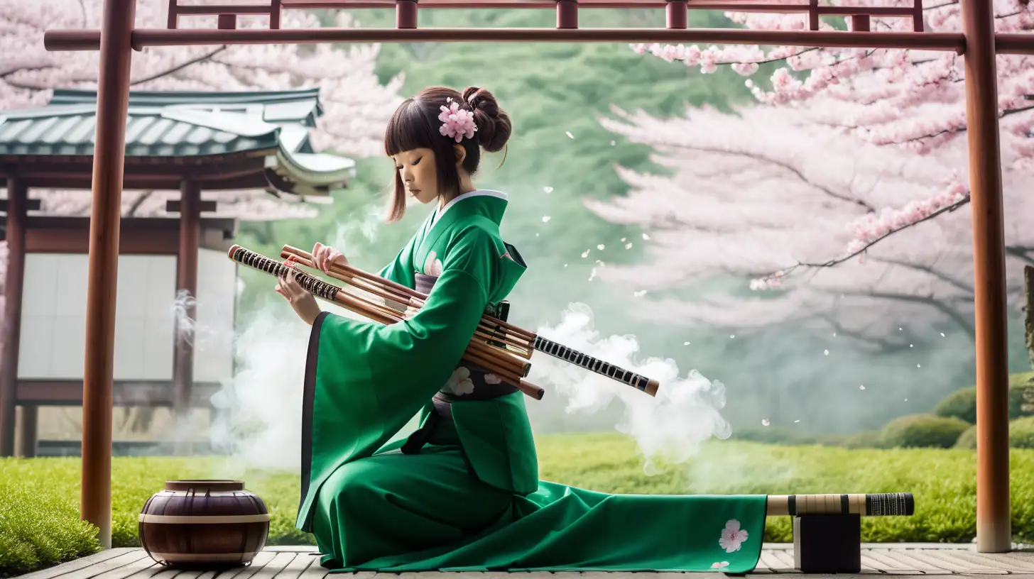 Modern Japanese girl, musical instrument, garden, sakura blossoms, green dress, smoke, fog, Koto and Shakuhachi