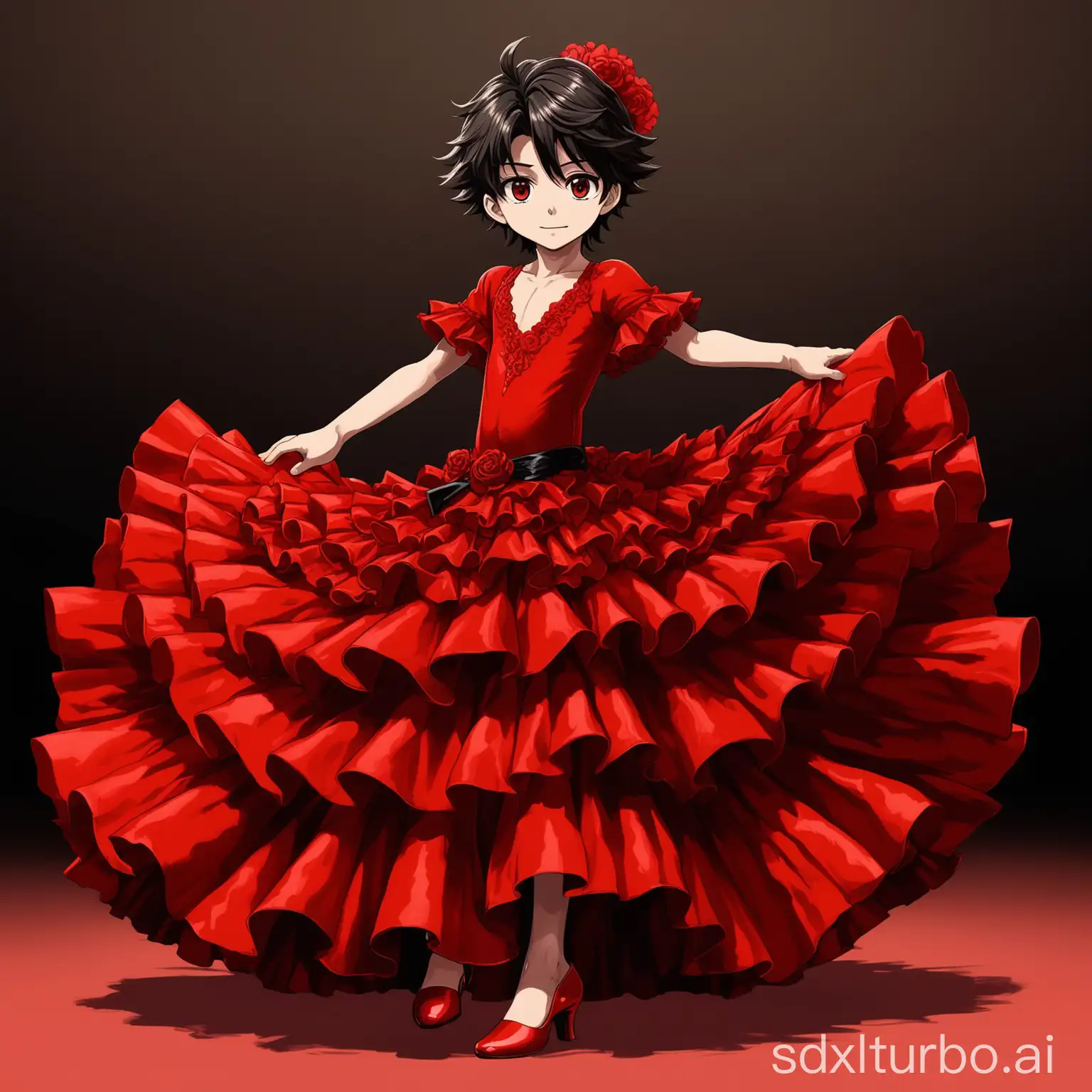 6 year old anime boy in a red floor length poofy flamenco dress with heels