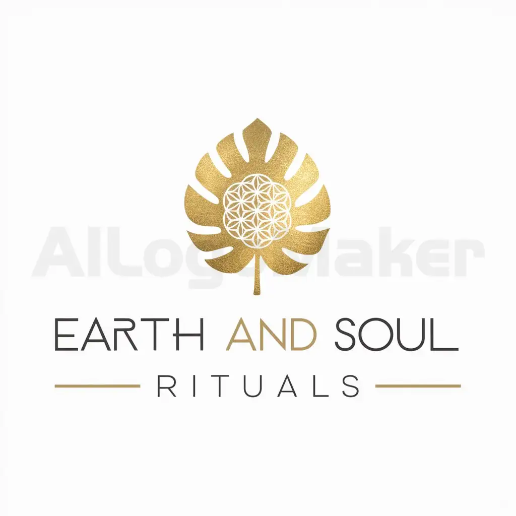 a logo design,with the text 'Earth and Soul Rituals', main symbol:gold monstera leaf made of flower of life pattern with a unique font,Minimalistic,be used in spiritual industry,clear background