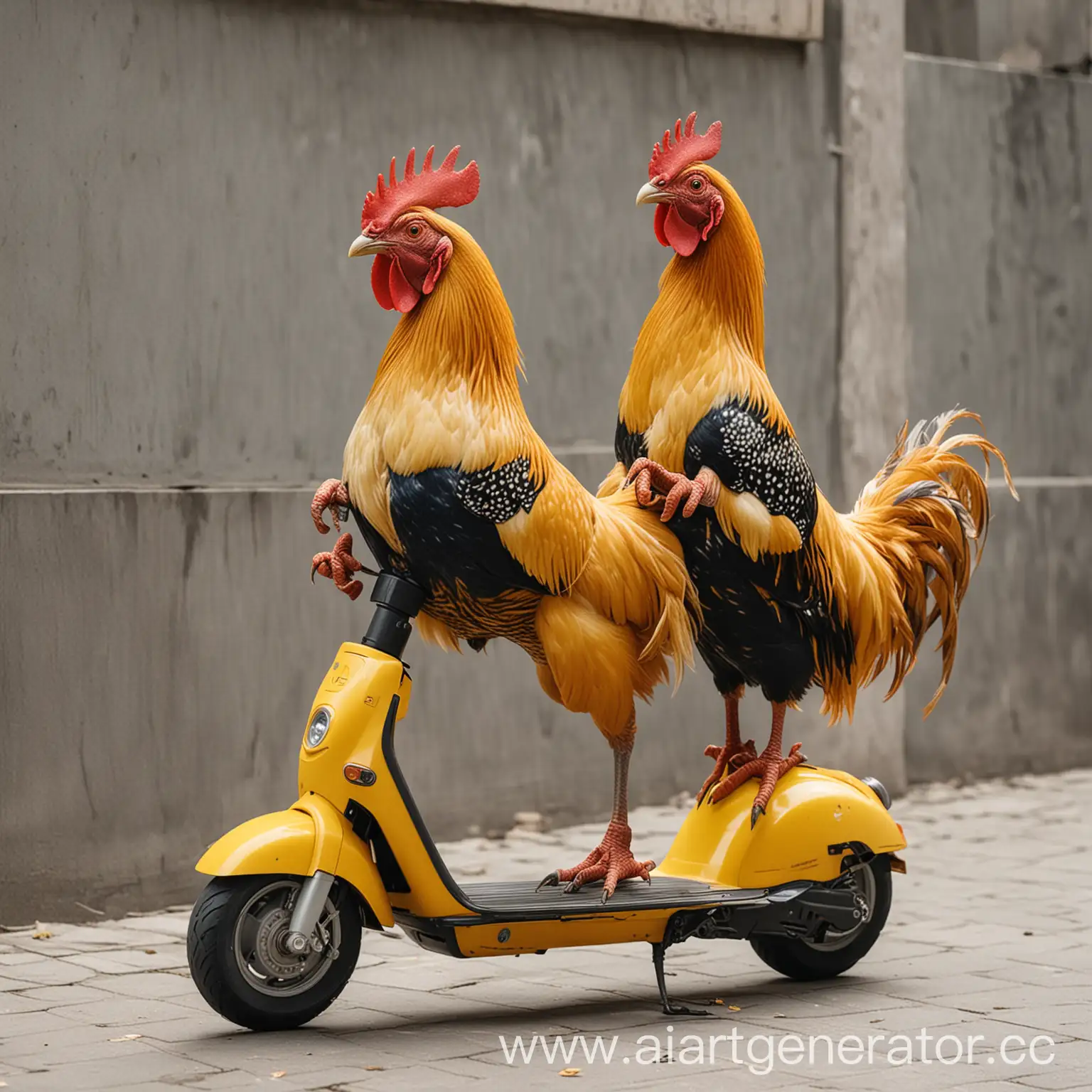 Roosters-Riding-Yellow-Xiaomi-Scooter