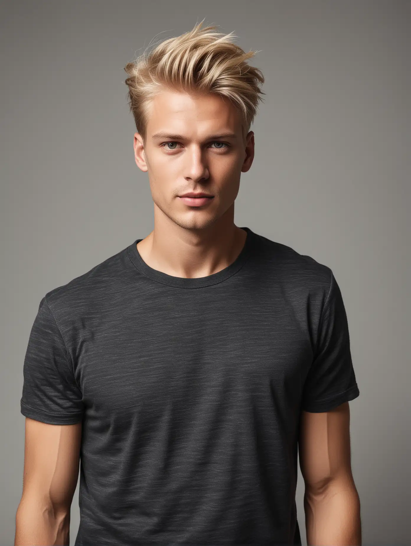 blond man with charcoal t shirt, fashion style,