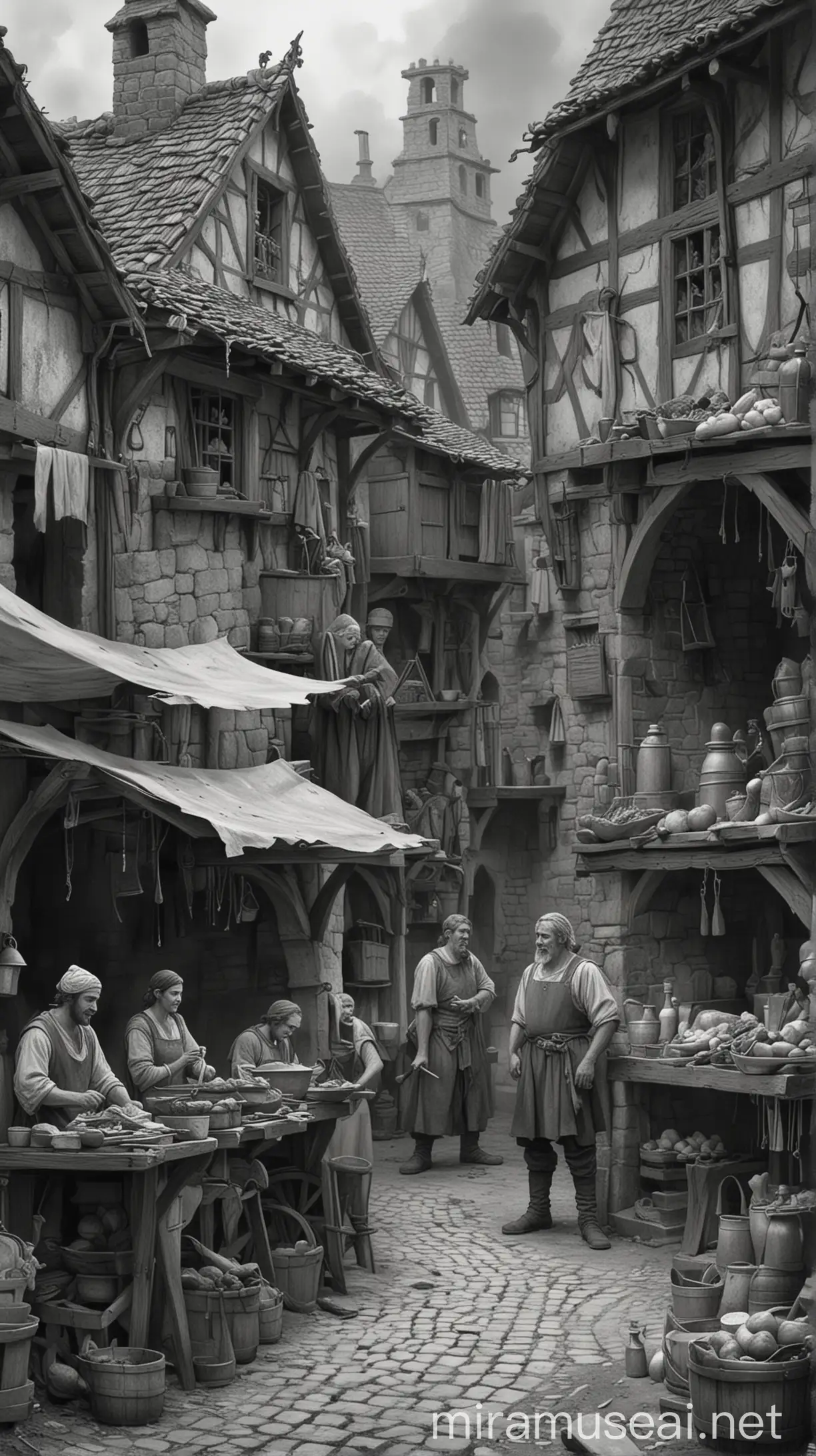 Dibujo en escala de grises, estilo medieval de vendedores, herrero, carnicero y gente en su pueblo contenta