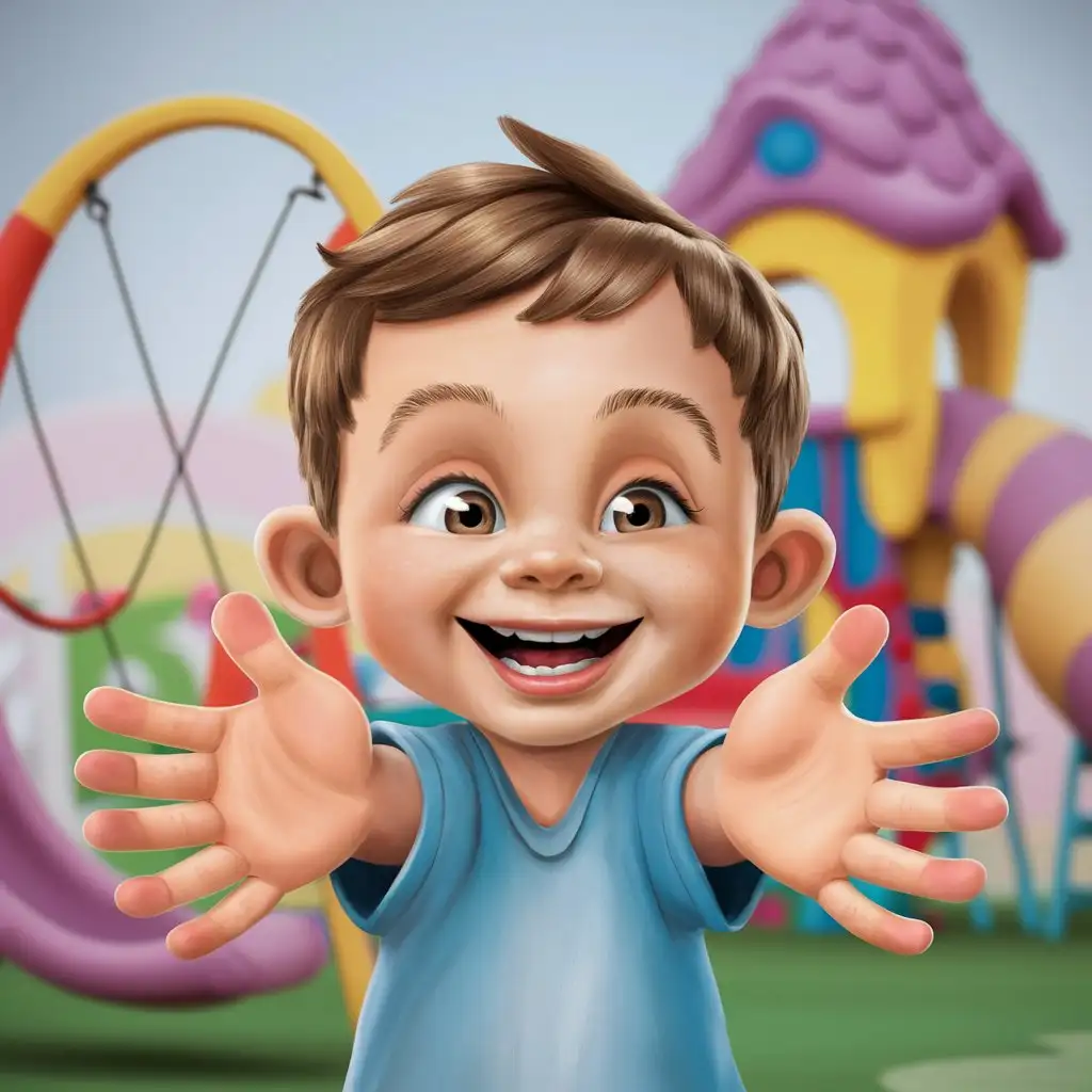 Cheerful Cartoon Child Smiling with Raised Hands