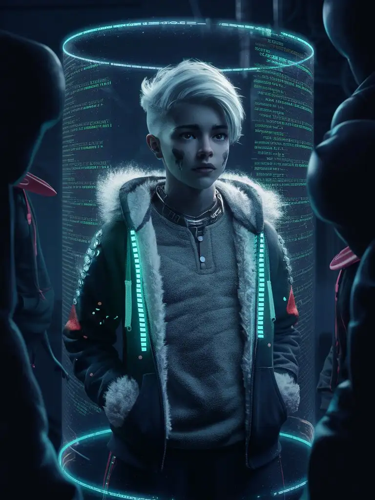 teen femboy hacker, white hair, outfit with bioluminescent details, fur-hoodie over fluffy fleece shirt, dystopian cyberpunk, dark shadows, fluffy fur-trim, holograph, matrix