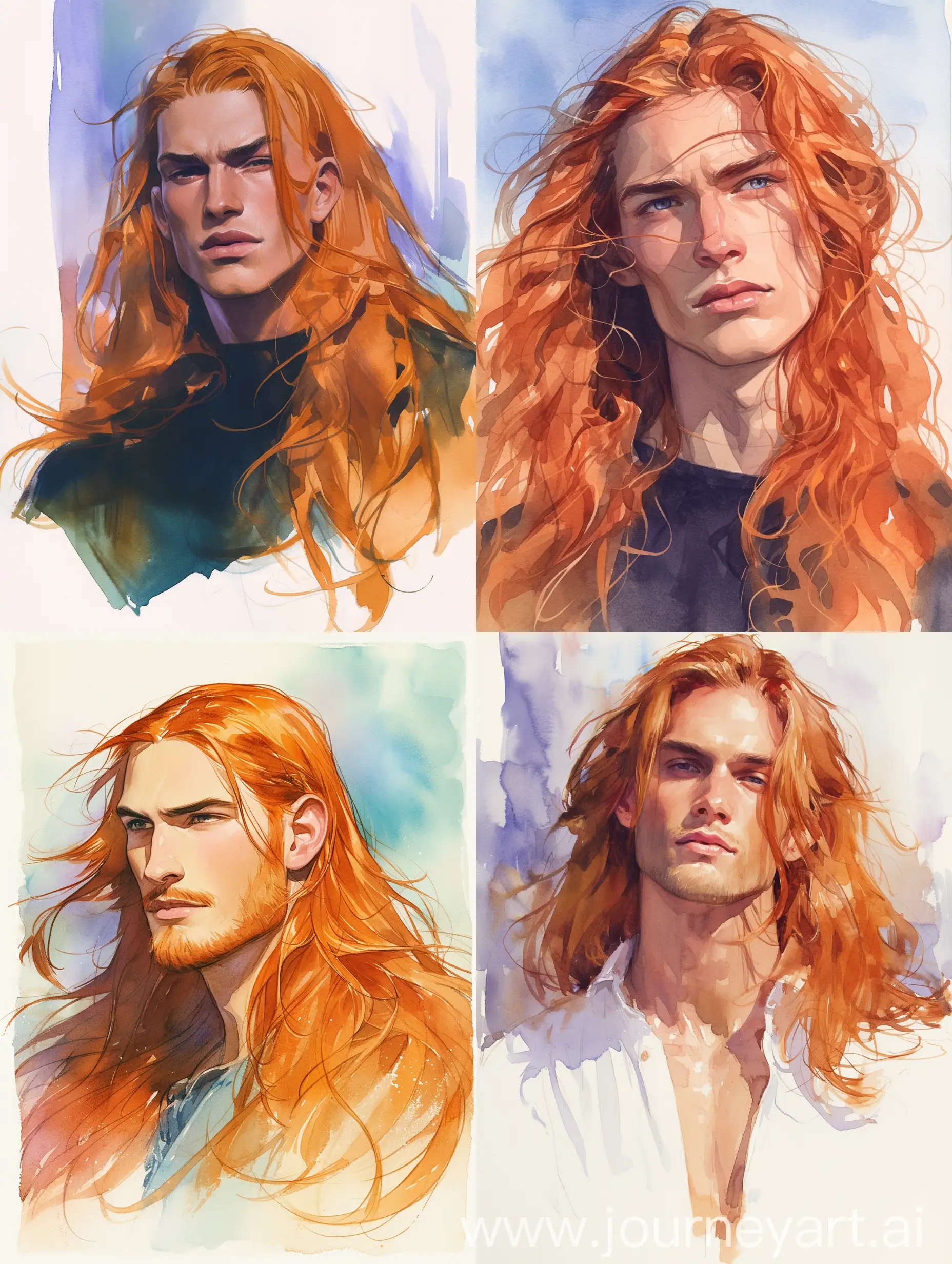 Vibrant-Male-Portrait-with-Long-Orange-Hair-on-Colorful-Watercolor-Background
