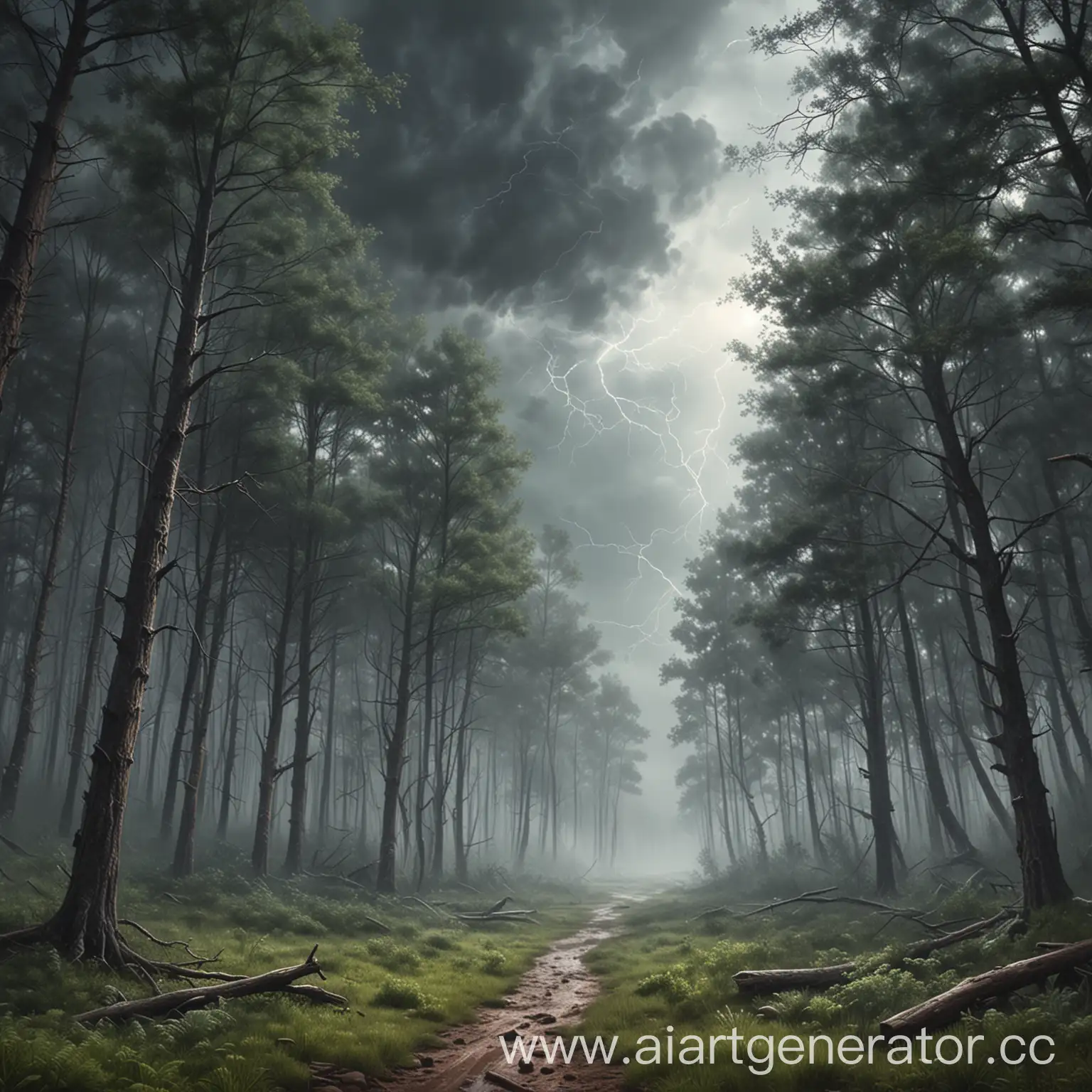 гроза в мае, тревожный нарисованный лес, туманность, реалистичность