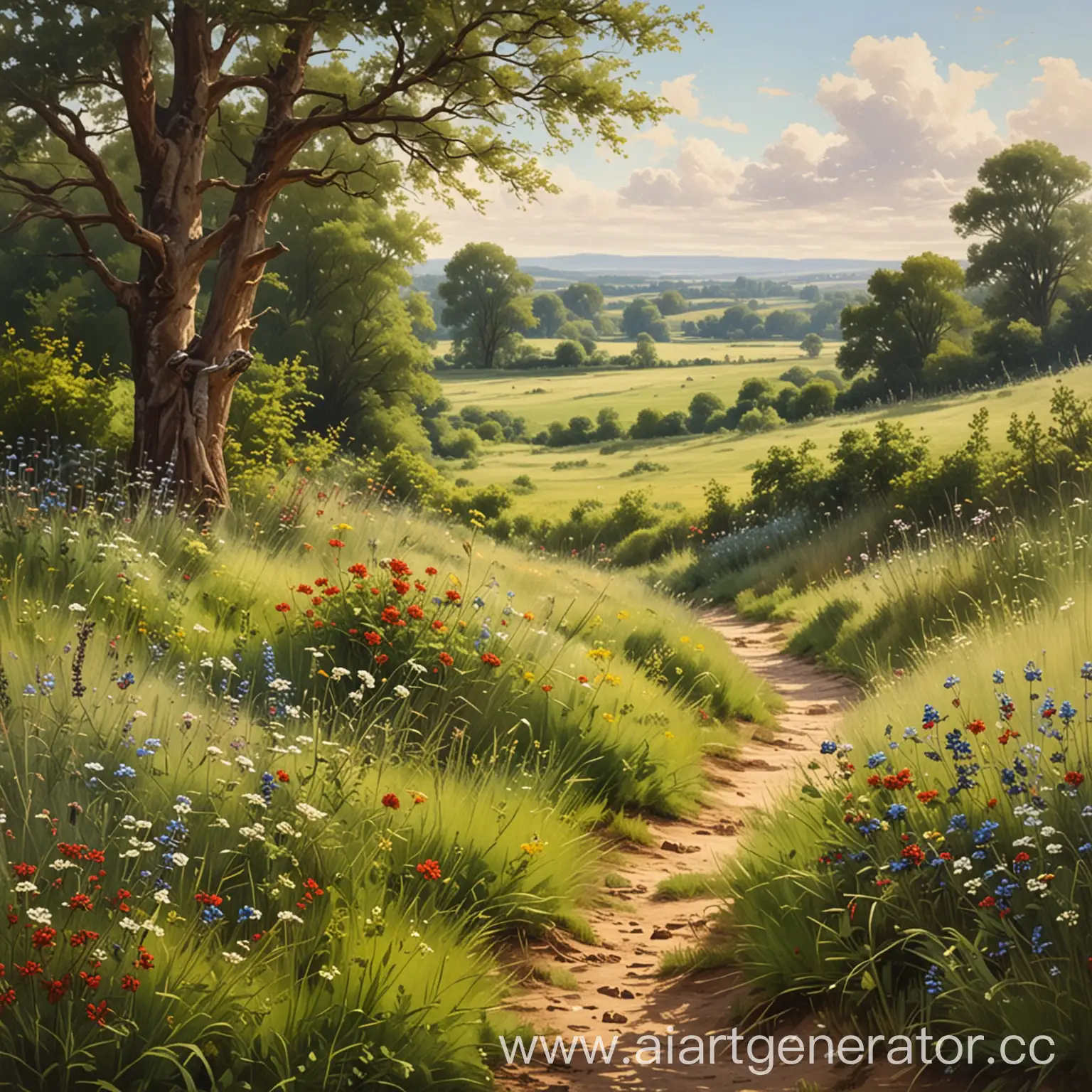 Oil-Painting-Serene-English-Summer-Meadow-with-Bushes