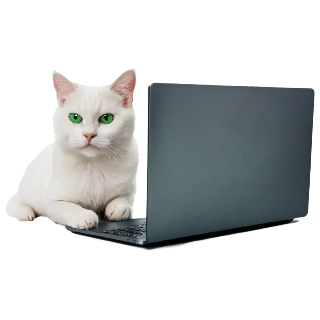 Белый британский кот с зелеными глазами лежит на ноутбуке