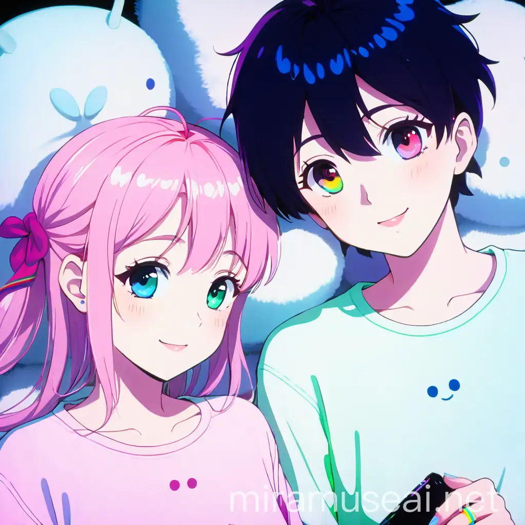 Vibrant Neon Anime Characters with Rosy Cheeks and Glossy Finish