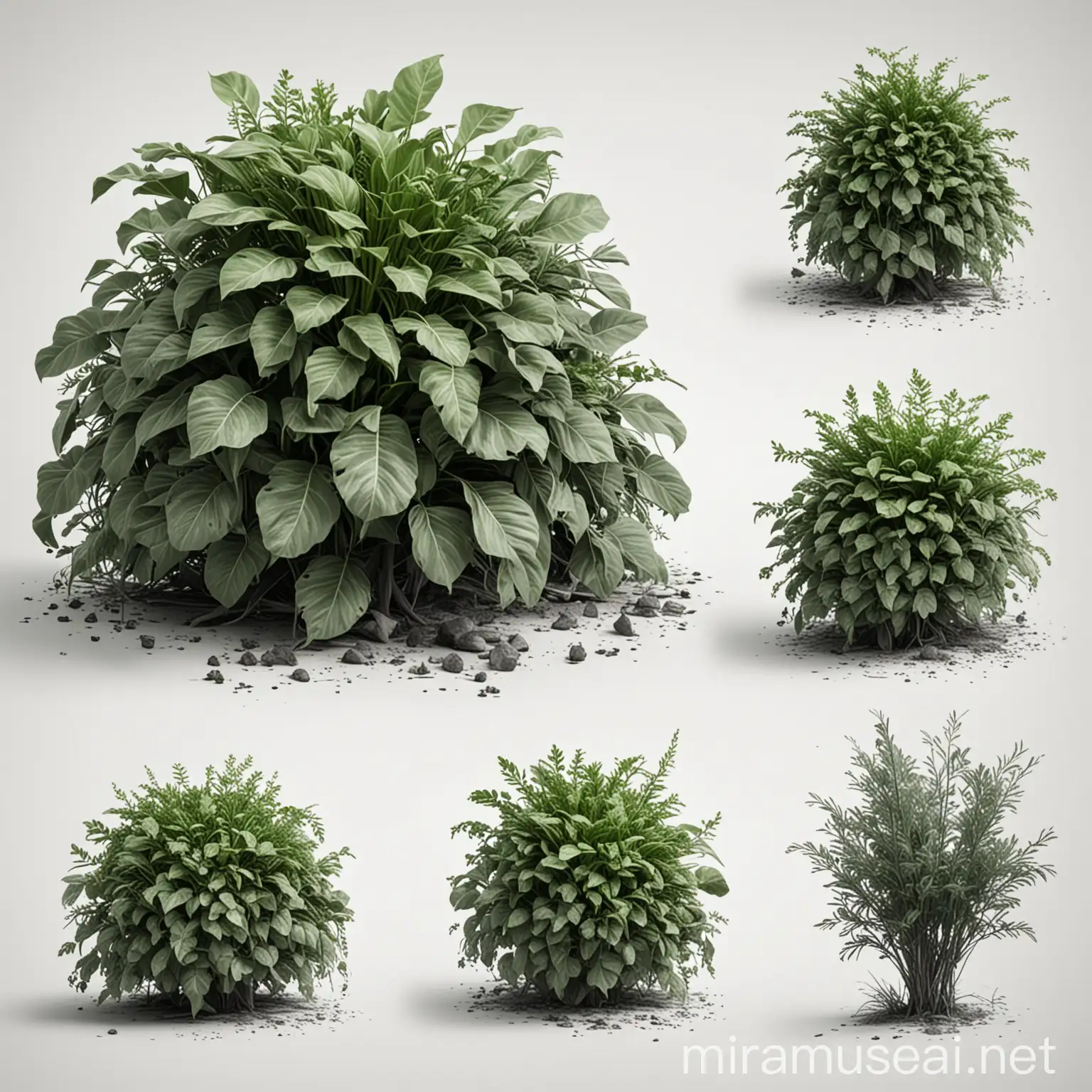 green plant foliage well cut realistic drawing, dusty piles, fether like rendering monochrome, sketchfab, with 100% white background, sprite sheet, spread sheet of well cut plant realistic drawing, in a front view procepective