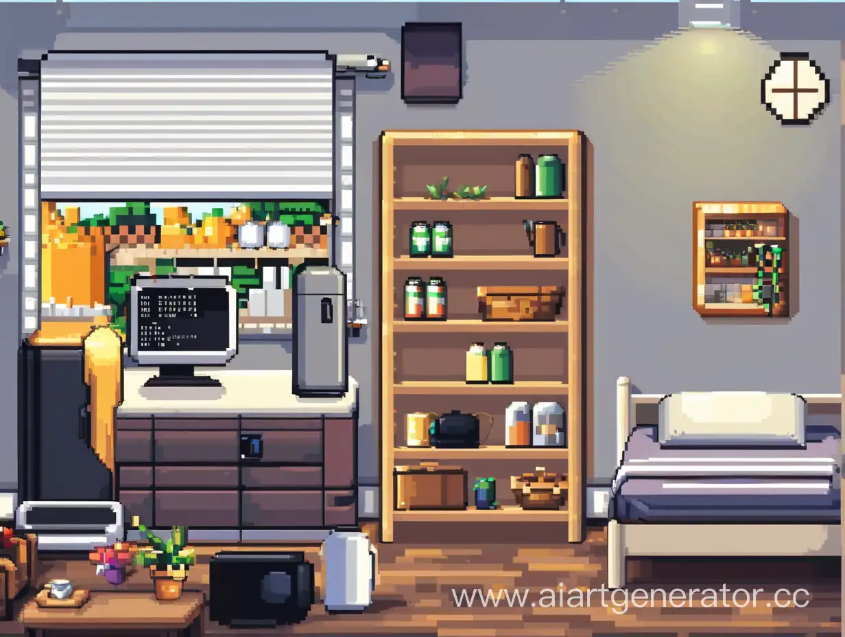 Pixel-Art-Bedroom-Scene-with-Bed-and-Refrigerator