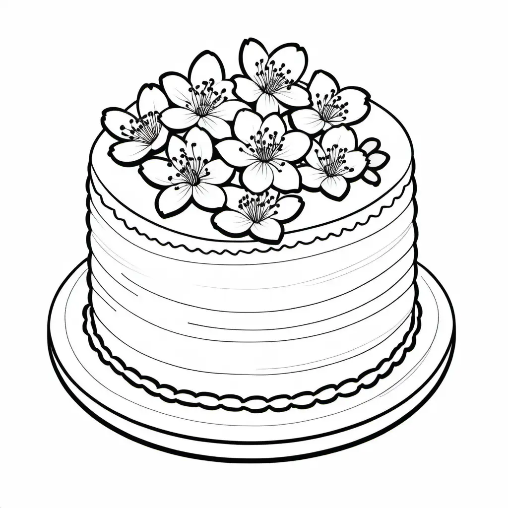 Colouring page, cake, simple cherry blossom design, all white , black outline, a single bloom,solid clear white background 