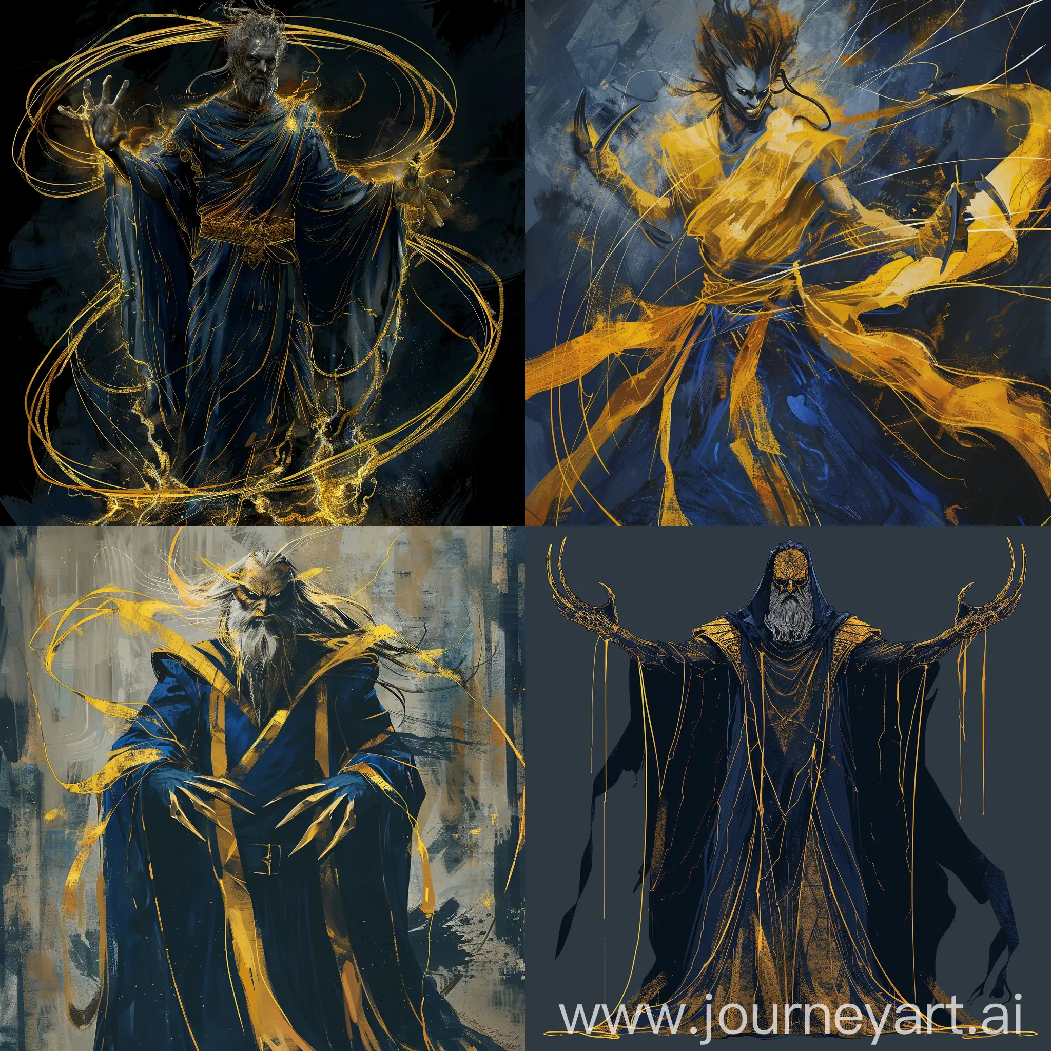 Depiction of Hades, god of the underworld with wolverine claws combination, epic standing style, night blue dress color, with thin lines of gold. Great golden robe.Illustration style: realistic, oil paint.