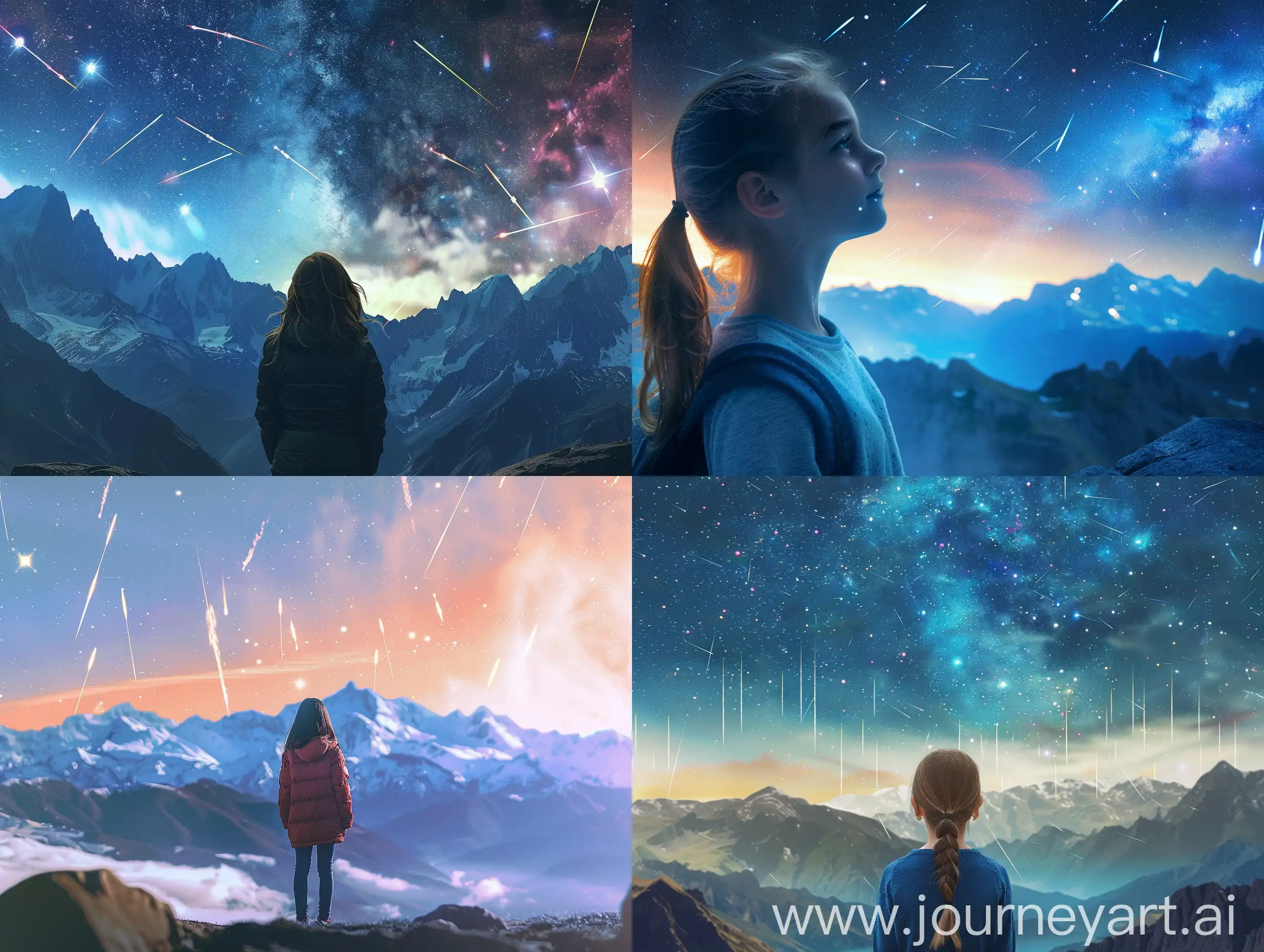 Young-Girl-Admiring-Shooting-Stars-in-Mountainous-Landscape