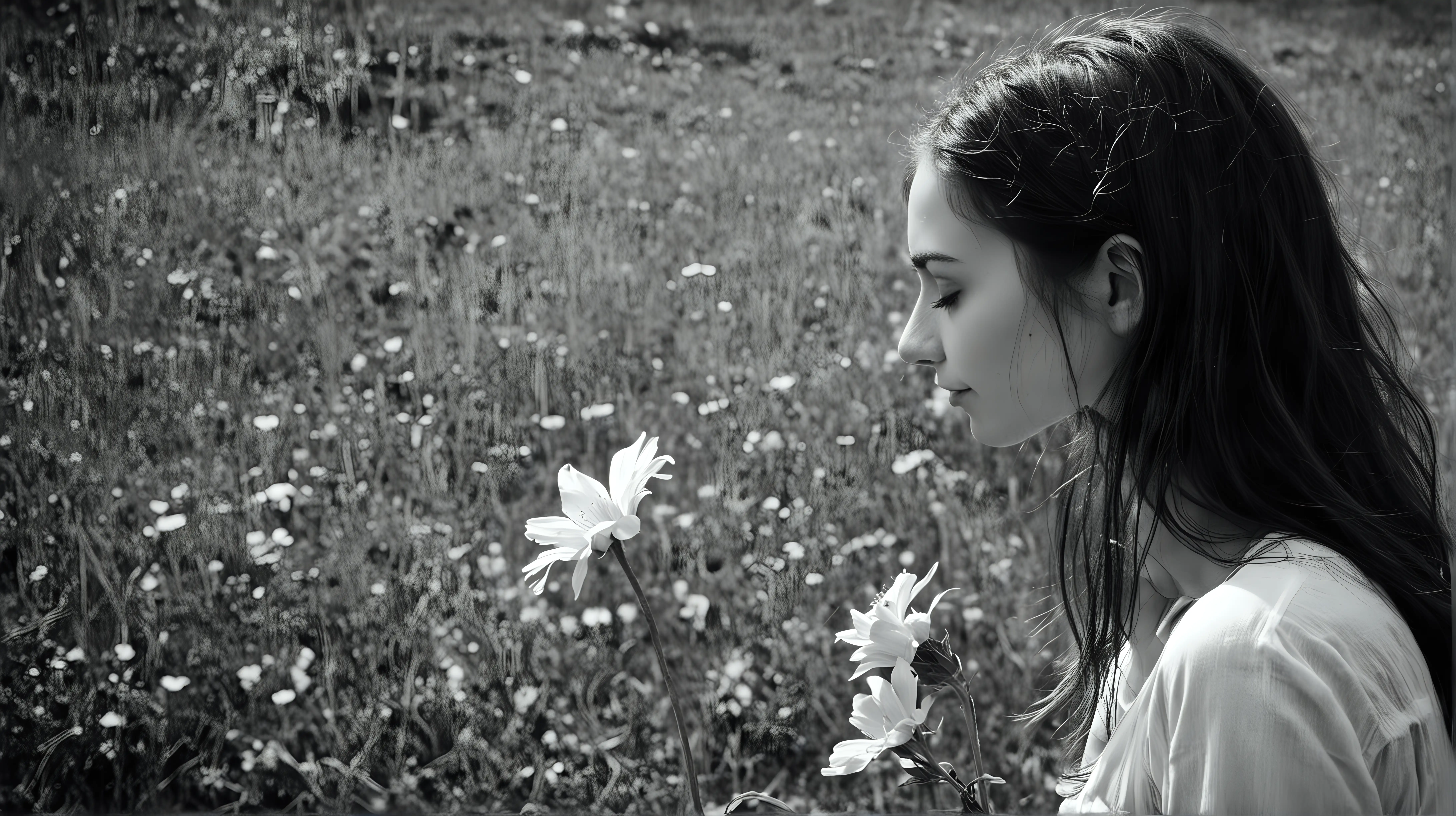 Woman Smelling Flower Vintage Black and White Grunge Portrait