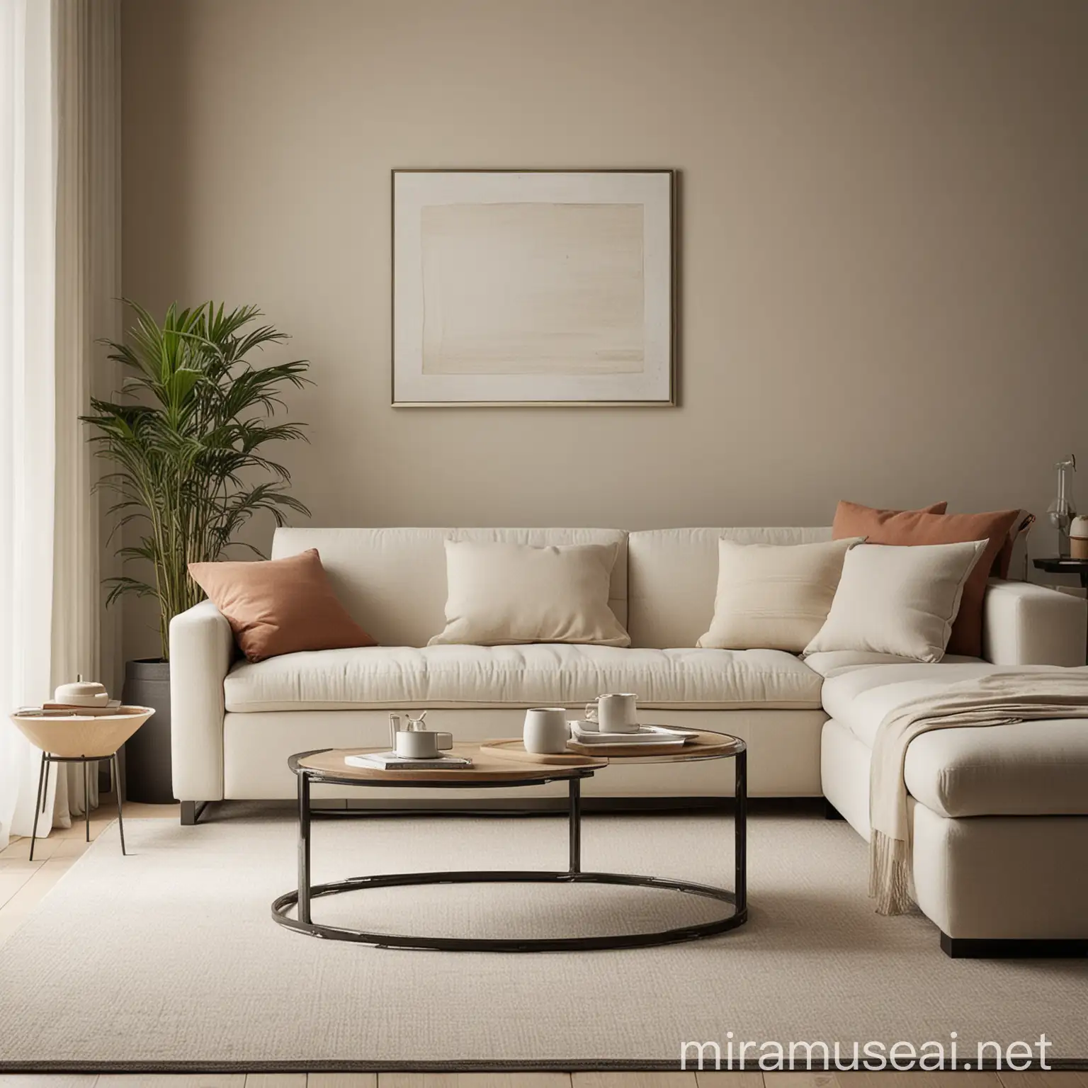 Create a minimalist interior design for a seating hall. The design should emphasize simplicity, clean lines, and a neutral color palette. Include the following elements:

Furniture:

A sleek, modern sofa in a neutral color (e.g., white, gray, beige).
A minimalist coffee table with a simple design (e.g., glass or light wood).
A pair of contemporary armchairs to complement the sofa.
A low-profile TV stand or media console.
Lighting:

Recessed ceiling lights for a clean look.
A stylish floor lamp with a simple design, preferably in metal or wood.
Table lamps with minimalist designs on side tables.
Decor:

Minimal wall art, such as black-and-white photographs or abstract prints.
A few indoor plants for a touch of greenery, placed in simple pots.
A neutral-colored rug with a subtle pattern or texture.
Storage:

Built-in shelving with clean lines for books and decorative items.
Discreet storage solutions to maintain a clutter-free environment.
Accessories:

Minimalist throw pillows and blankets in complementary colors.
Simple, elegant vases or bowls on the coffee table.
Functional yet stylish items such as a clock or a set of coasters.
Color Palette:

Use a primary palette of whites, grays, and beiges.
Add subtle accent colors through accessories or artwork.
Ensure that the overall aesthetic remains uncluttered and harmonious, with a focus on functionality and elegance.